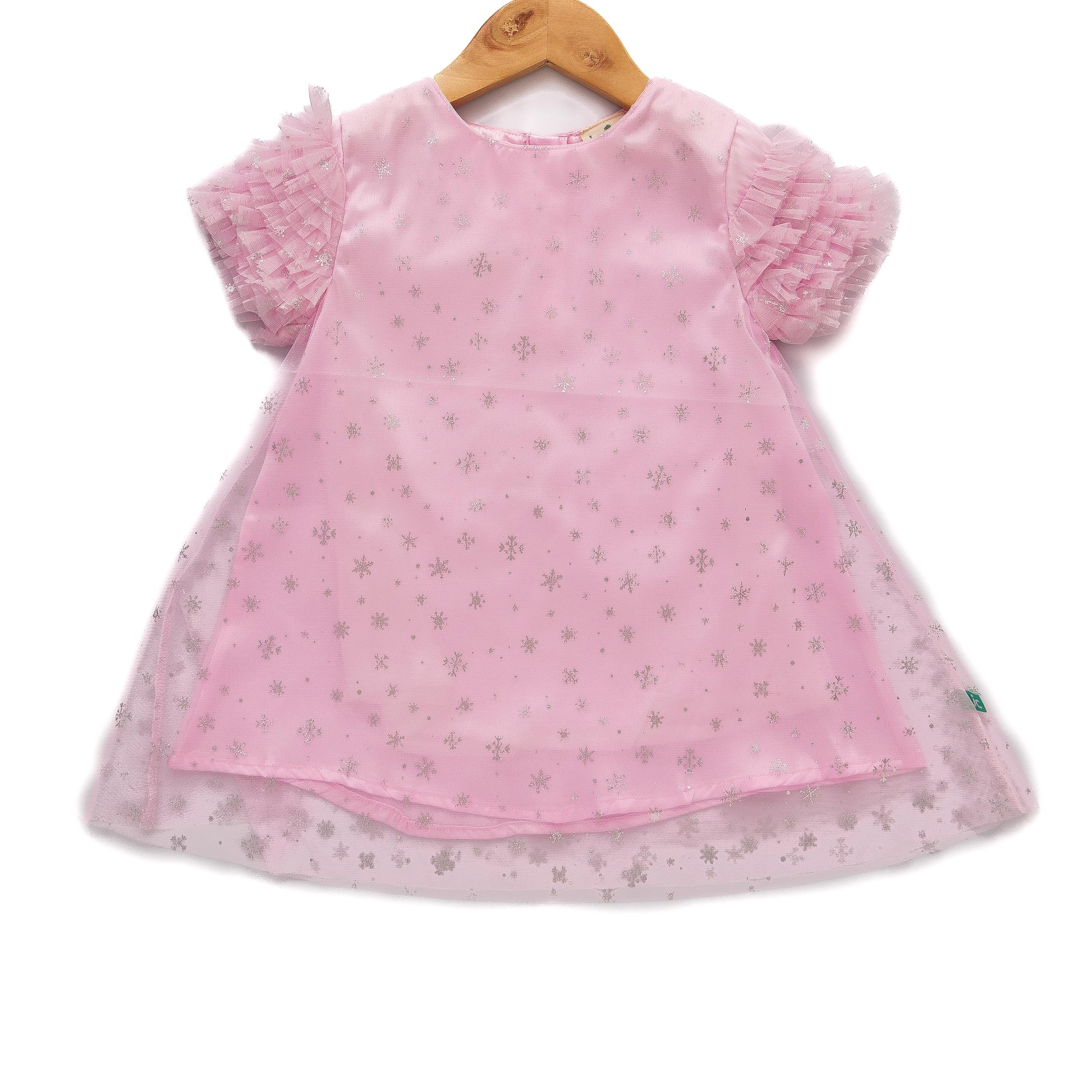 Girls' Pink Glitter Tulle Dress with Ruffle Sleeves