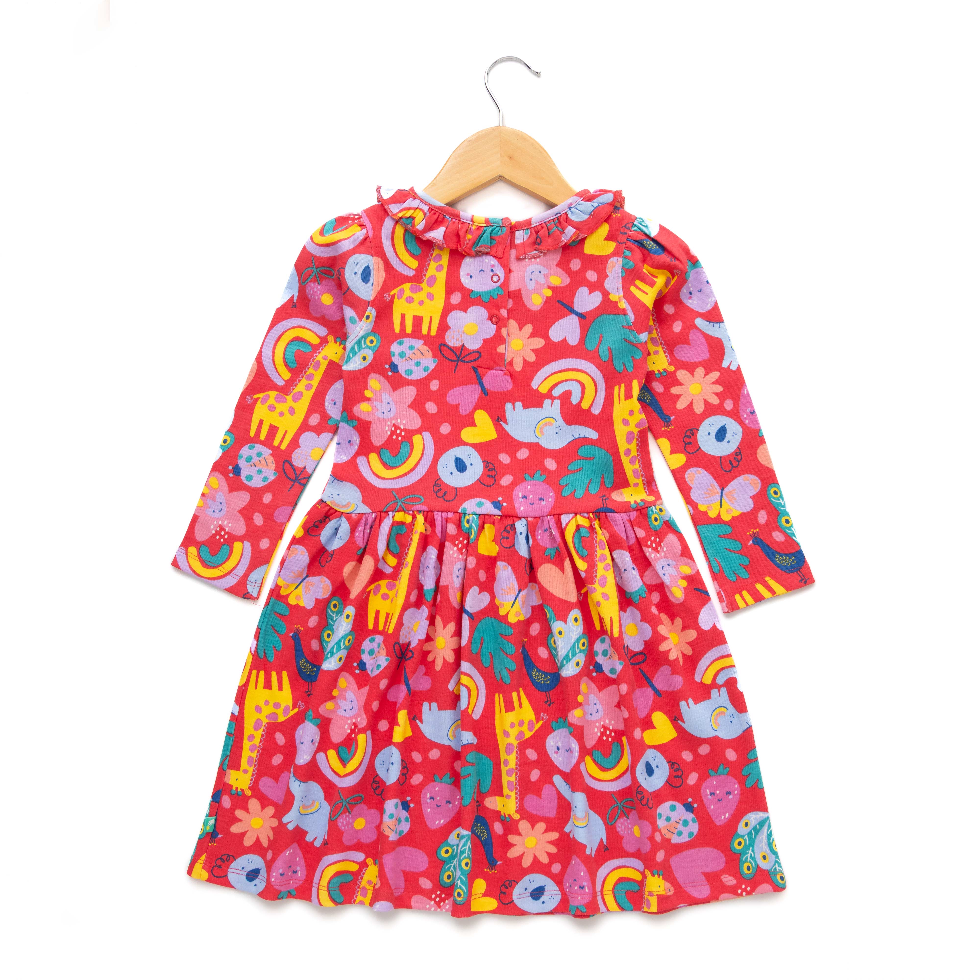 Girls' Colorful Jungle Print Dress with Ruffle Collar