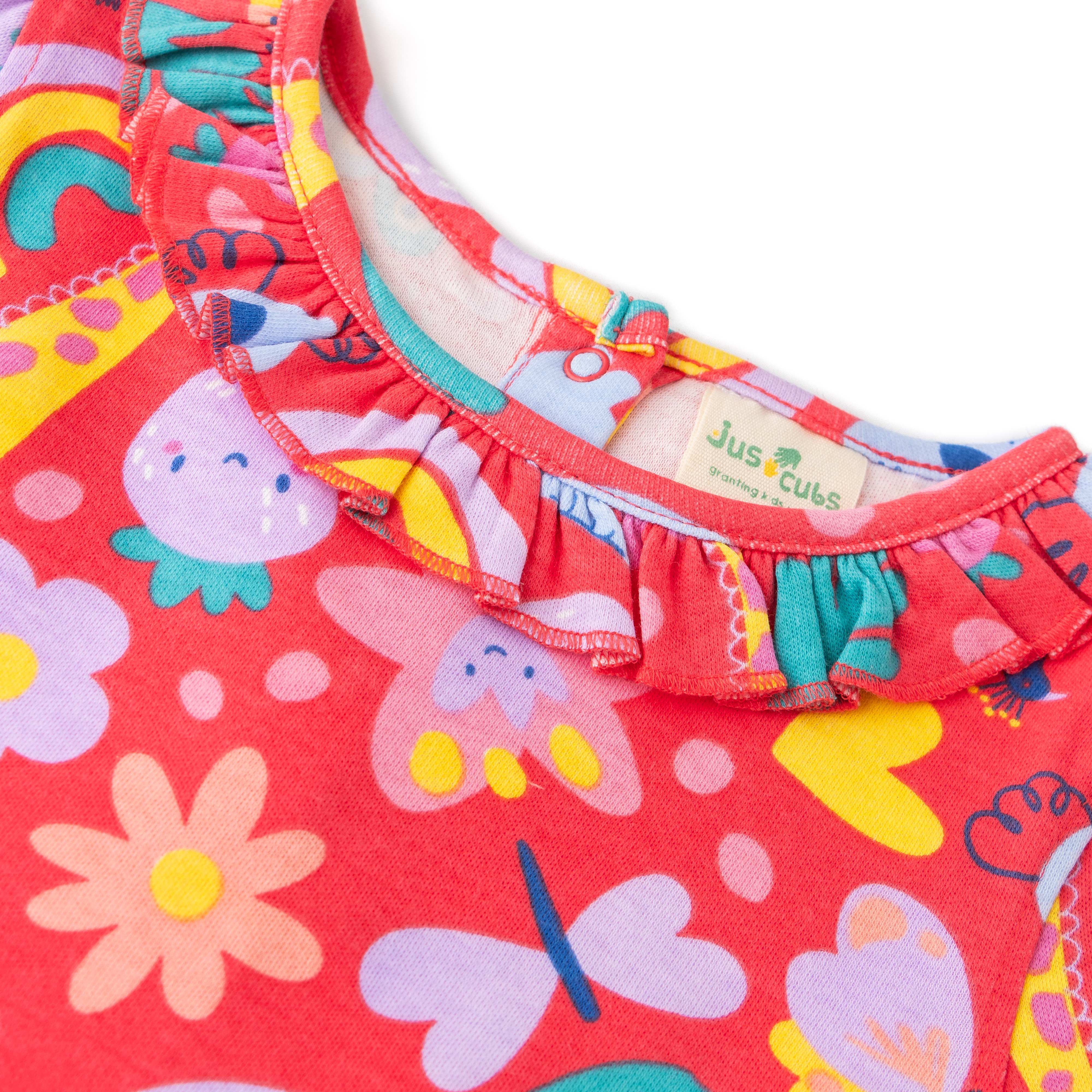 Girls' Colorful Jungle Print Dress with Ruffle Collar