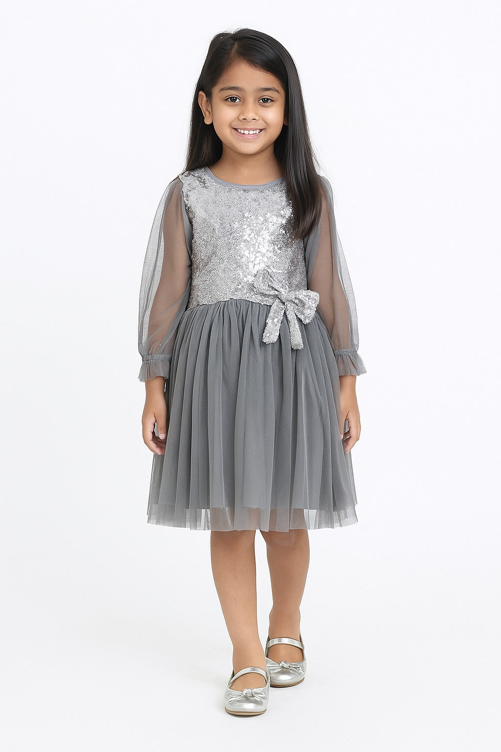 Girls' Grey Sequin Bodice Party Dress with Tulle Skirt
