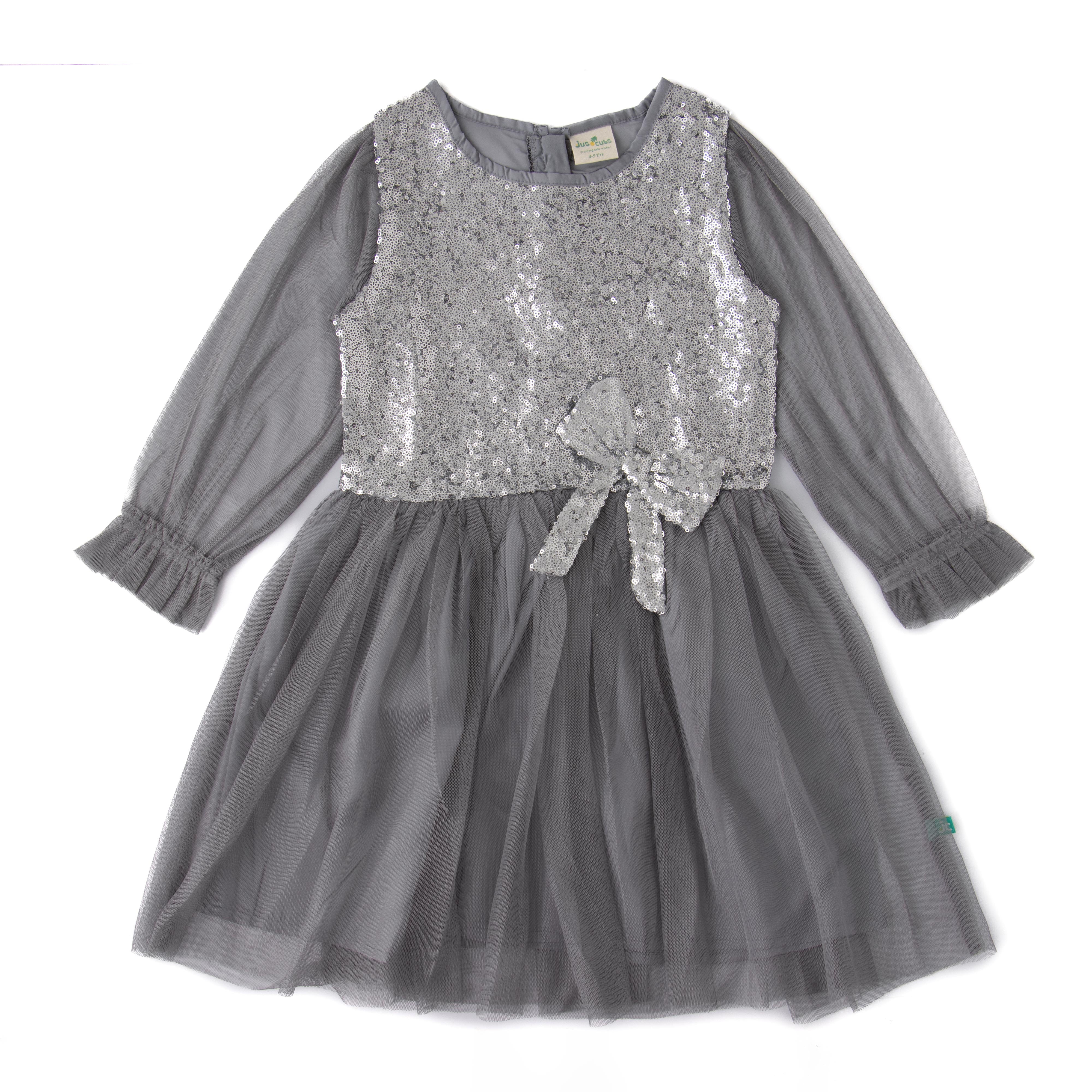 Girls' Grey Sequin Bodice Party Dress with Tulle Skirt