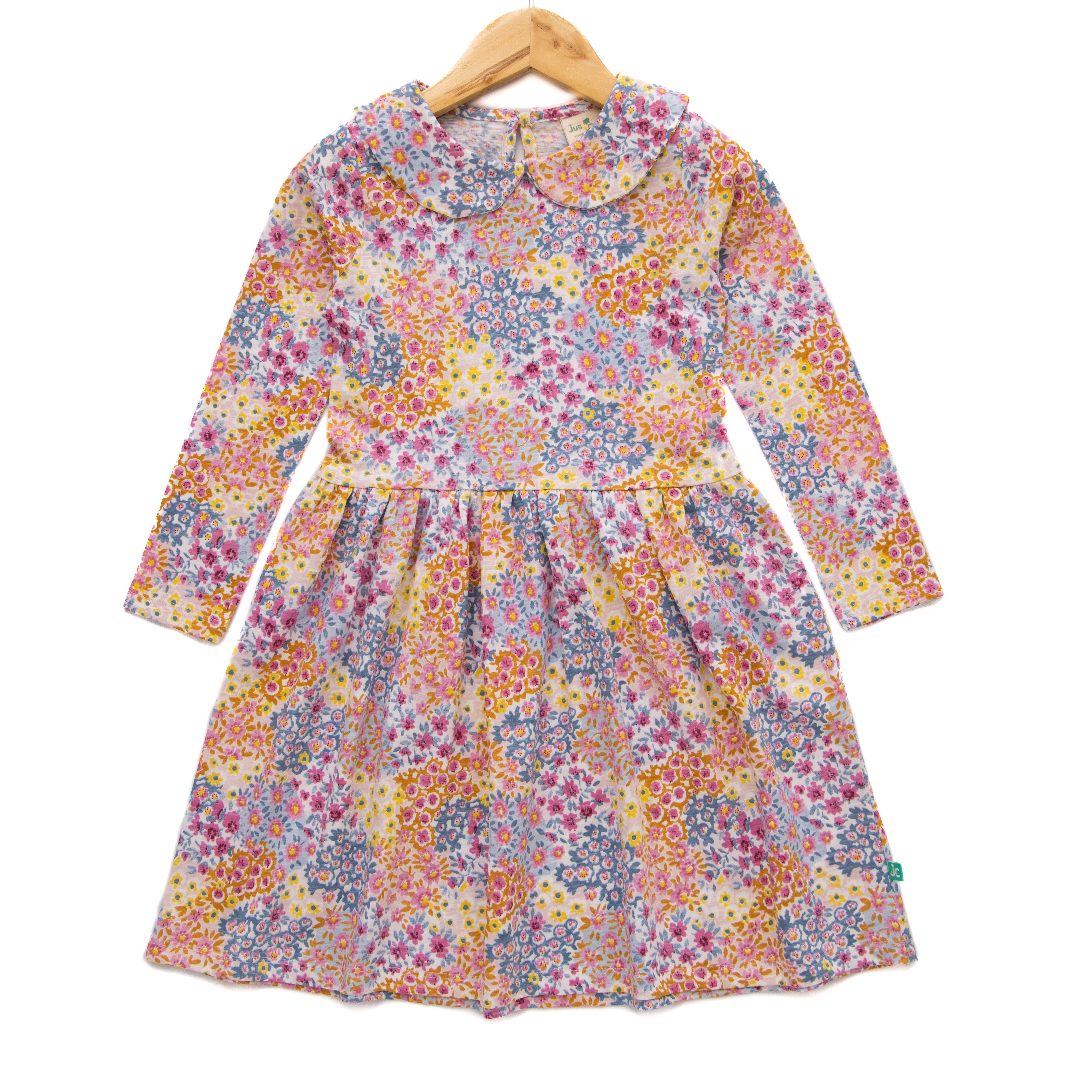Girls' Long Sleeve Floral Print Dress with Peter Pan Collar