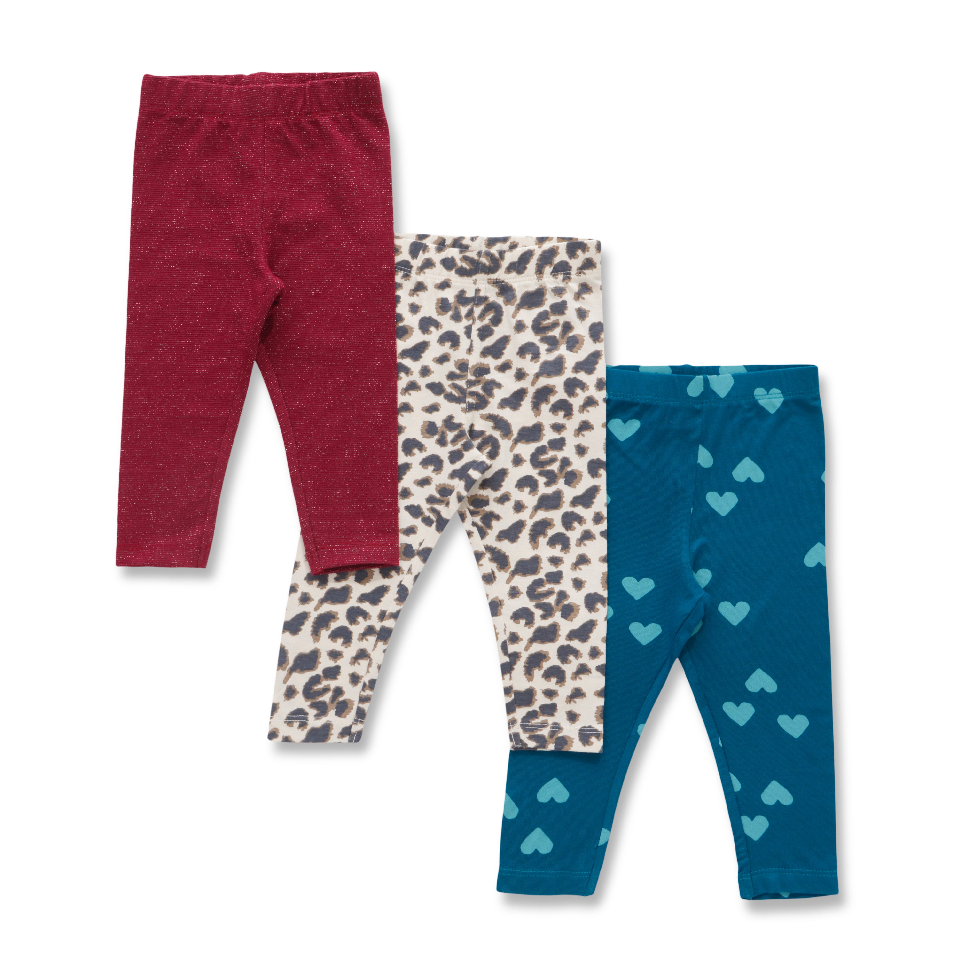Girls' 3-Pack Printed & Solid Leggings – Leopard, Hearts & Glitter Designs