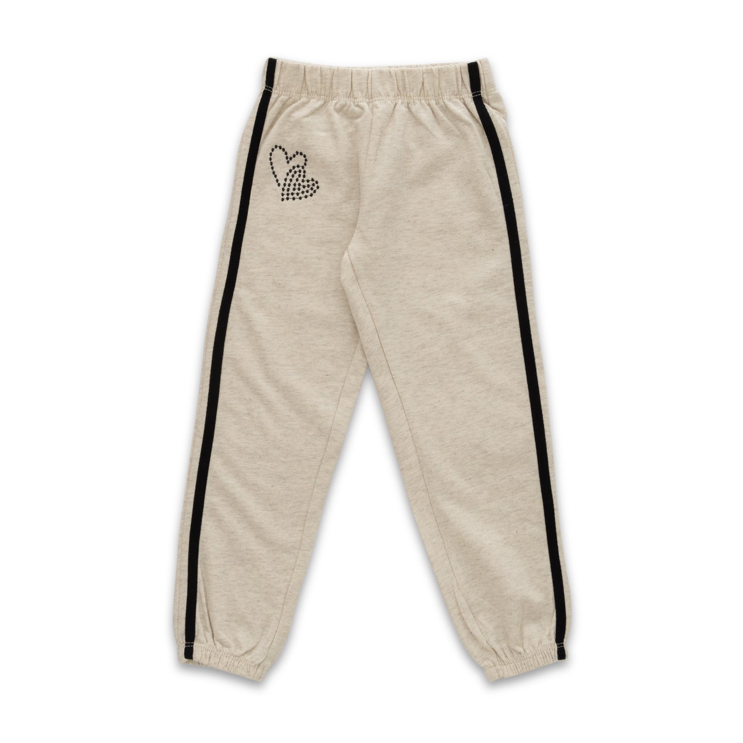 "Girls' Heart-Embellished Jogger Pants – Beige with Black Side Stripes"