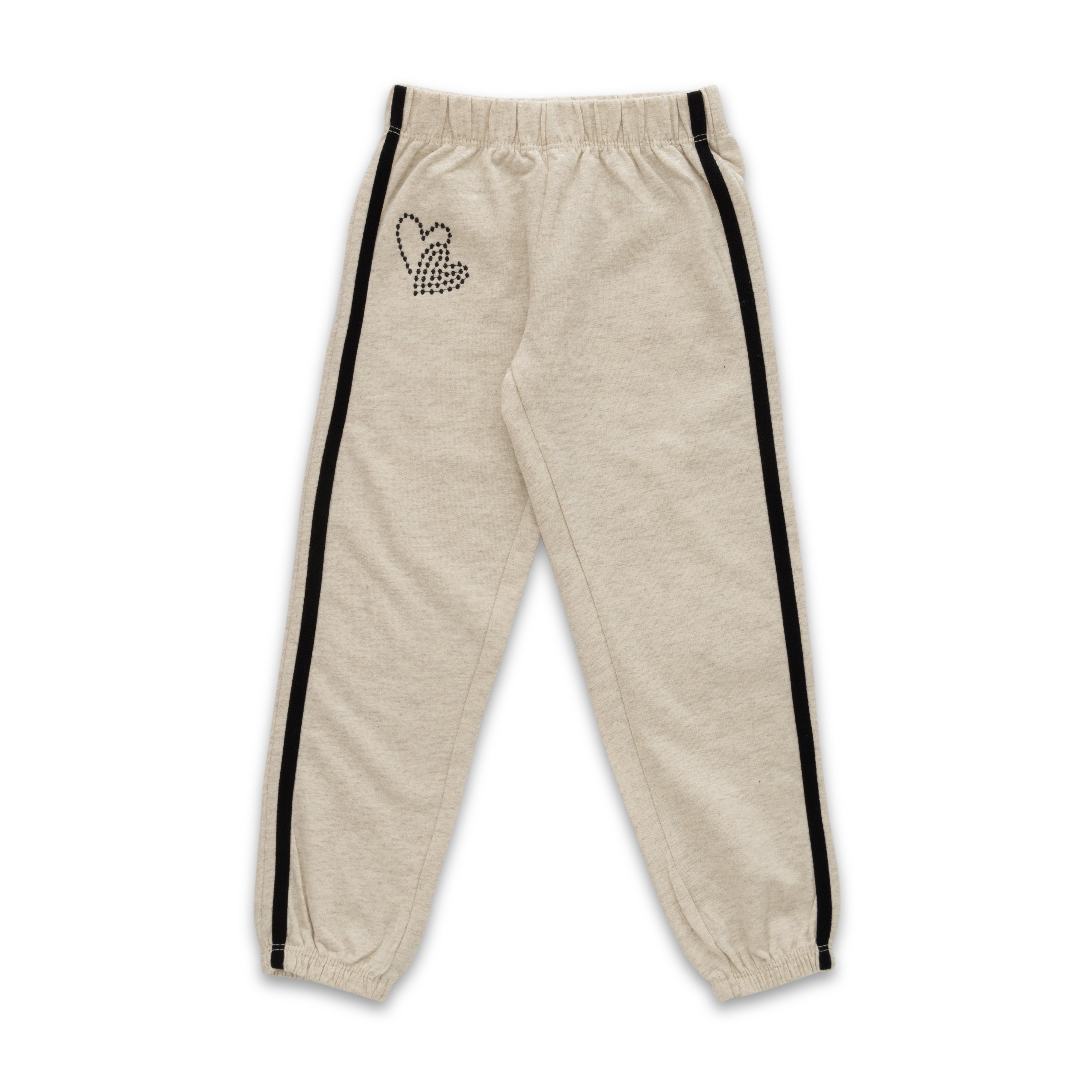 "Girls' Heart-Embellished Jogger Pants – Beige with Black Side Stripes"