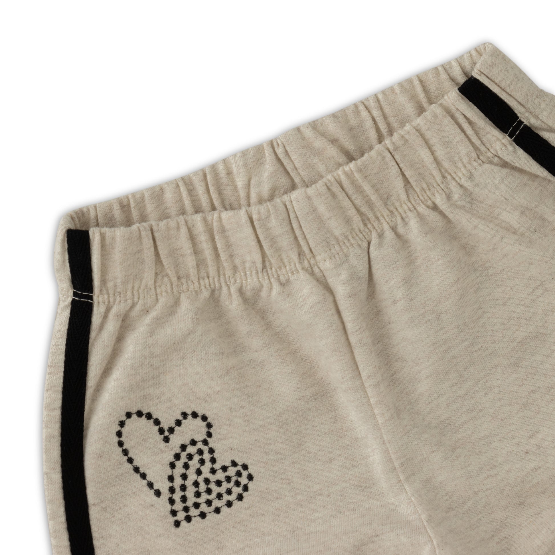 "Girls' Heart-Embellished Jogger Pants – Beige with Black Side Stripes"