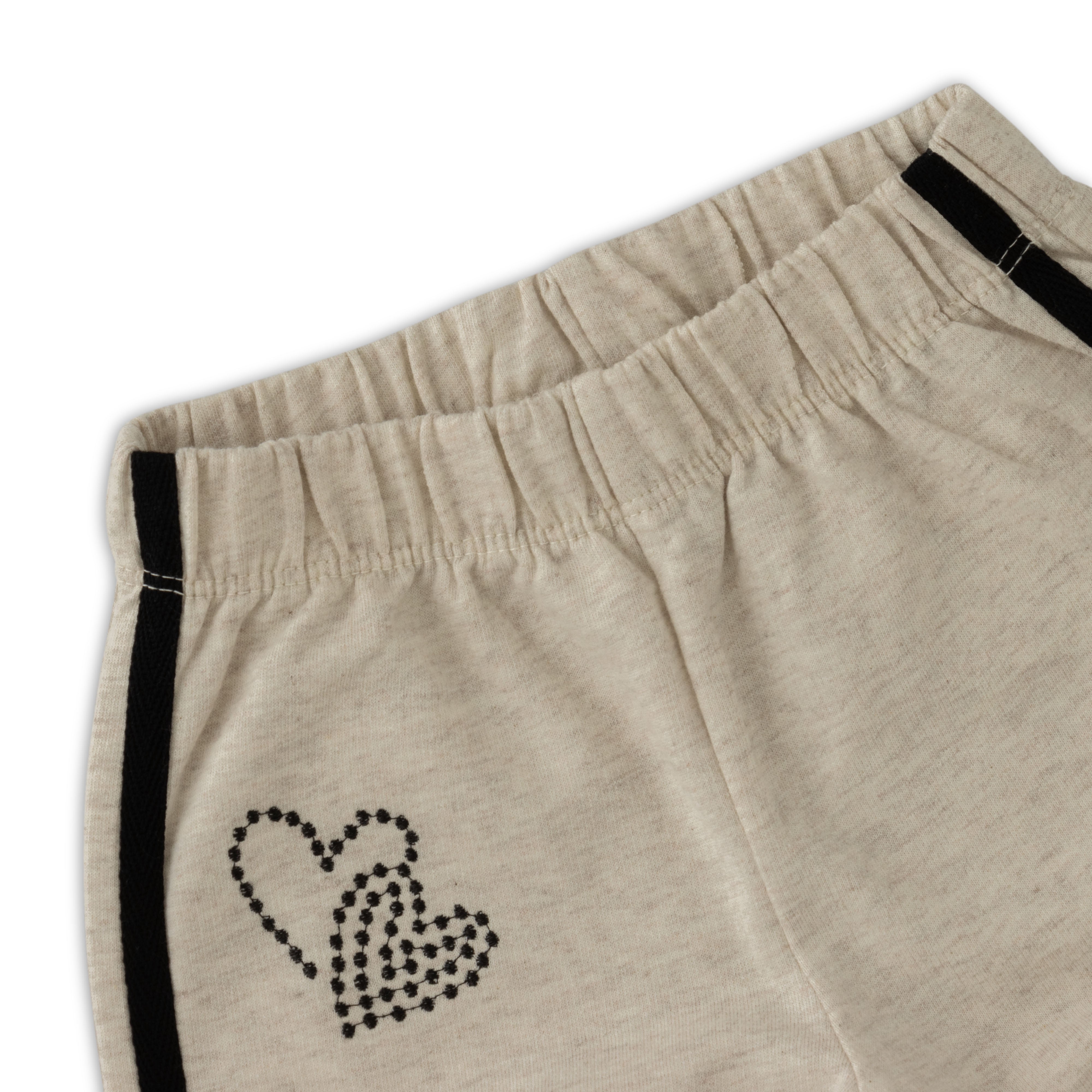"Girls' Heart-Embellished Jogger Pants – Beige with Black Side Stripes"