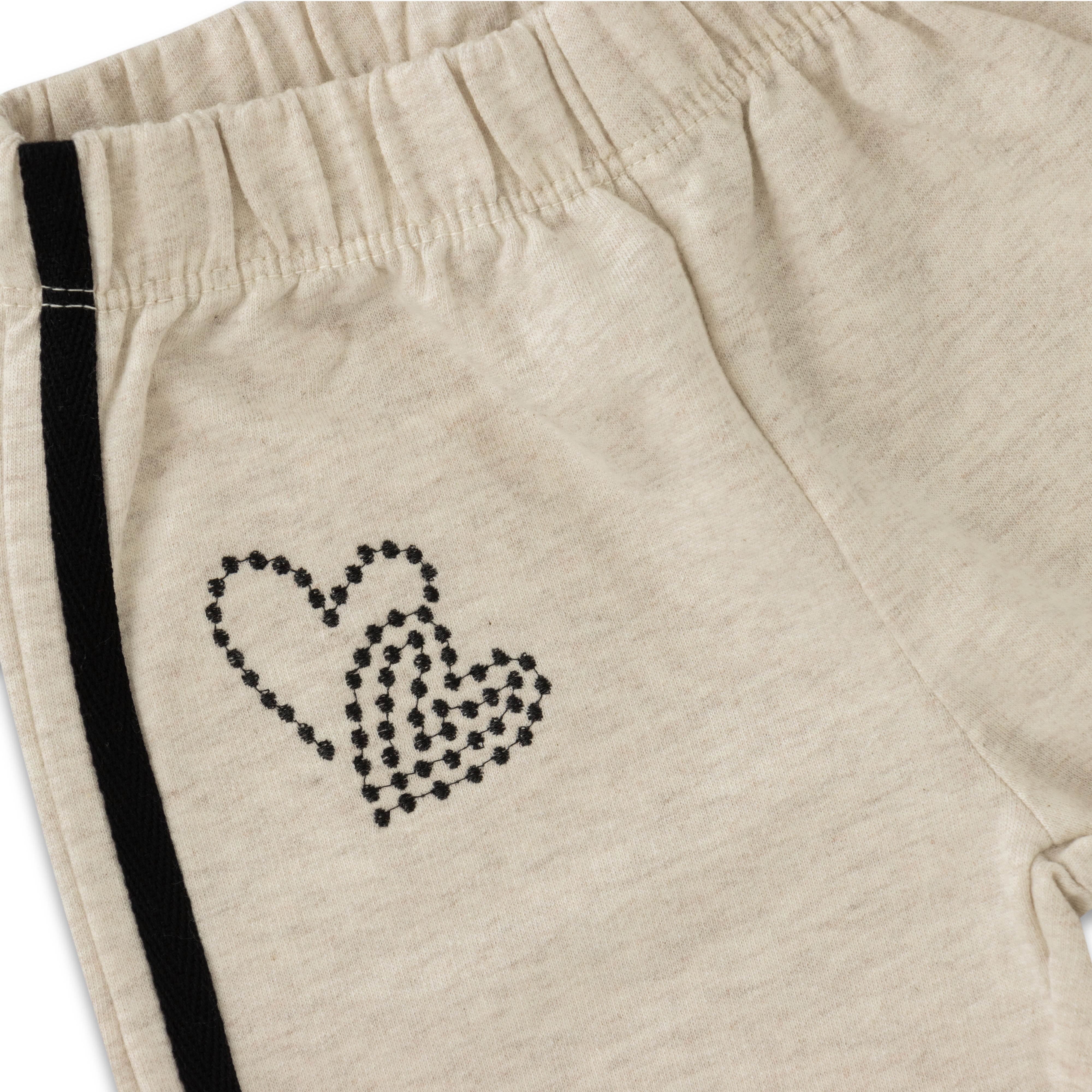 "Girls' Heart-Embellished Jogger Pants – Beige with Black Side Stripes"