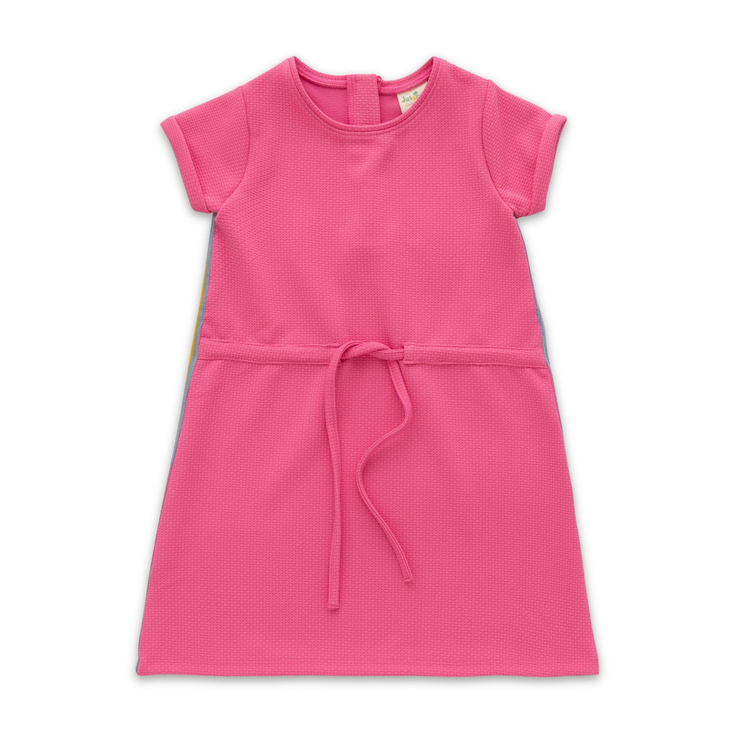 "Girls' Cap Sleeve Textured Dress – Solid Pink with Waist Tie"