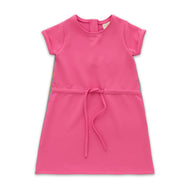 "Girls' Cap Sleeve Textured Dress – Solid Pink with Waist Tie"