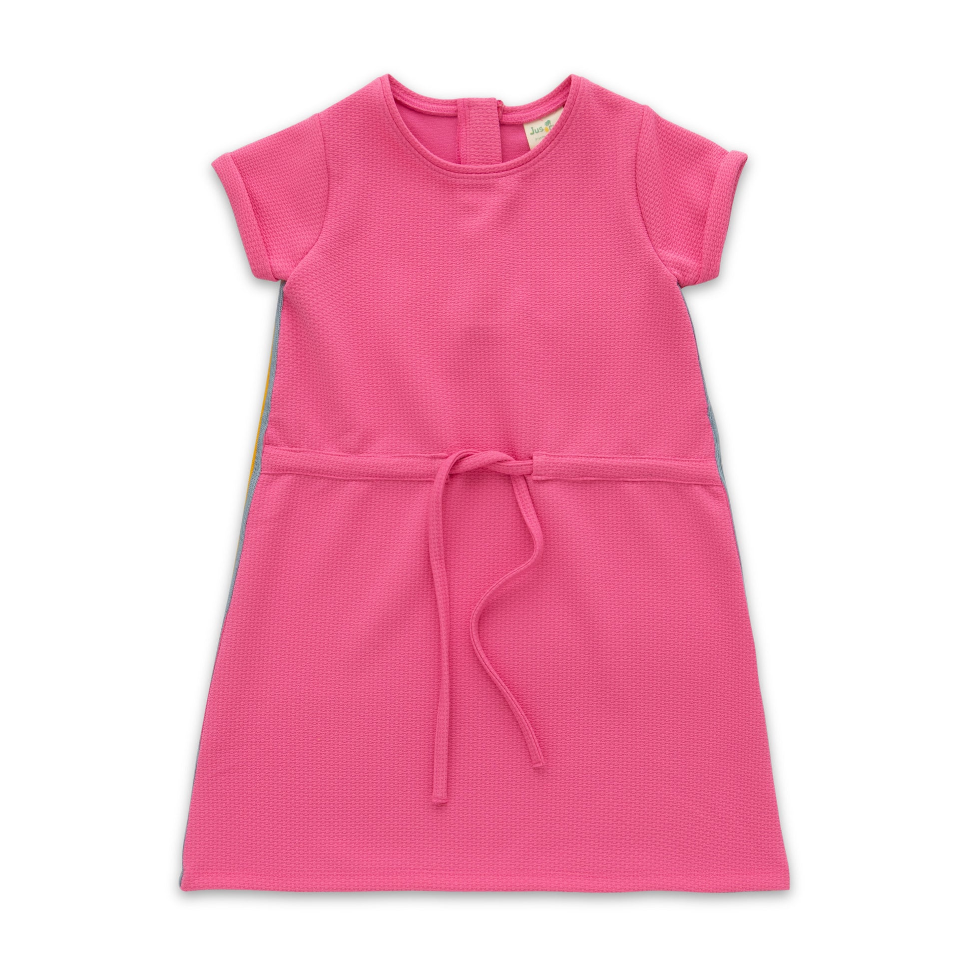 "Girls' Cap Sleeve Textured Dress – Solid Pink with Waist Tie"
