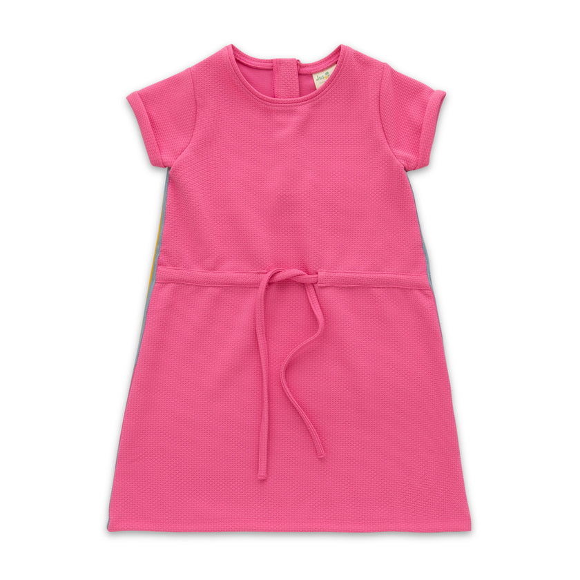 "Girls' Cap Sleeve Textured Dress – Solid Pink with Waist Tie"