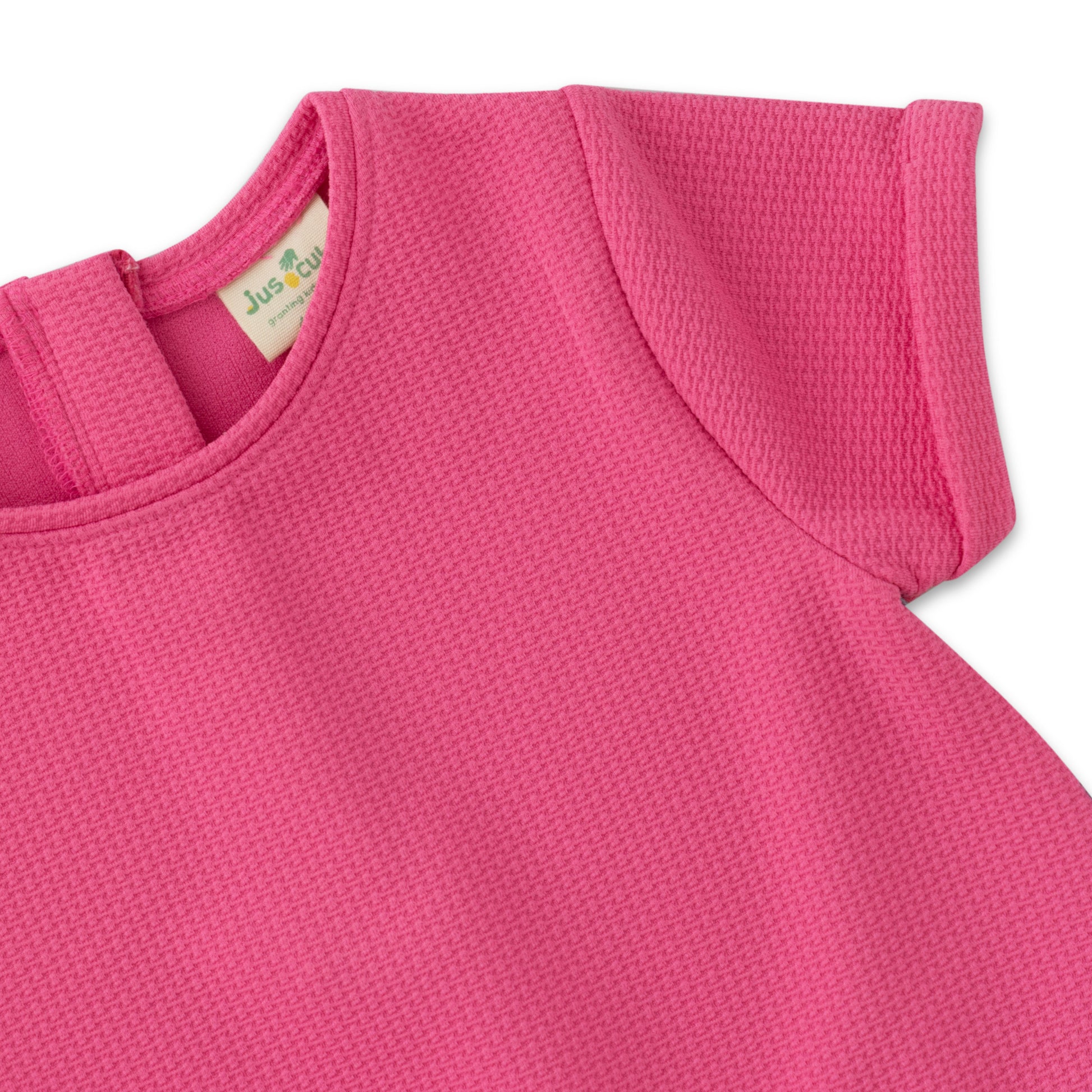 "Girls' Cap Sleeve Textured Dress – Solid Pink with Waist Tie"
