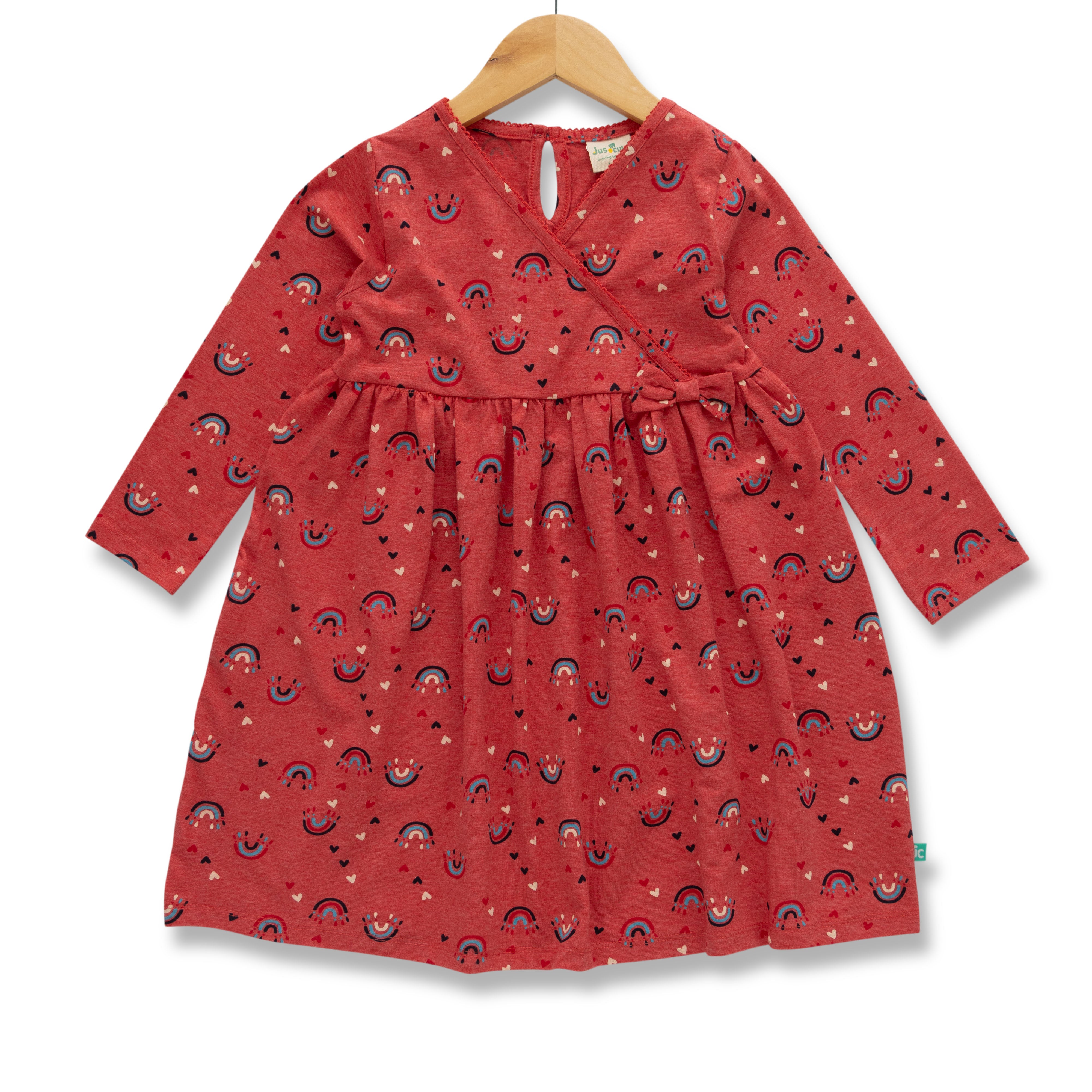 "Girls' Long Sleeve Red Dress with Rainbow and Heart Print"