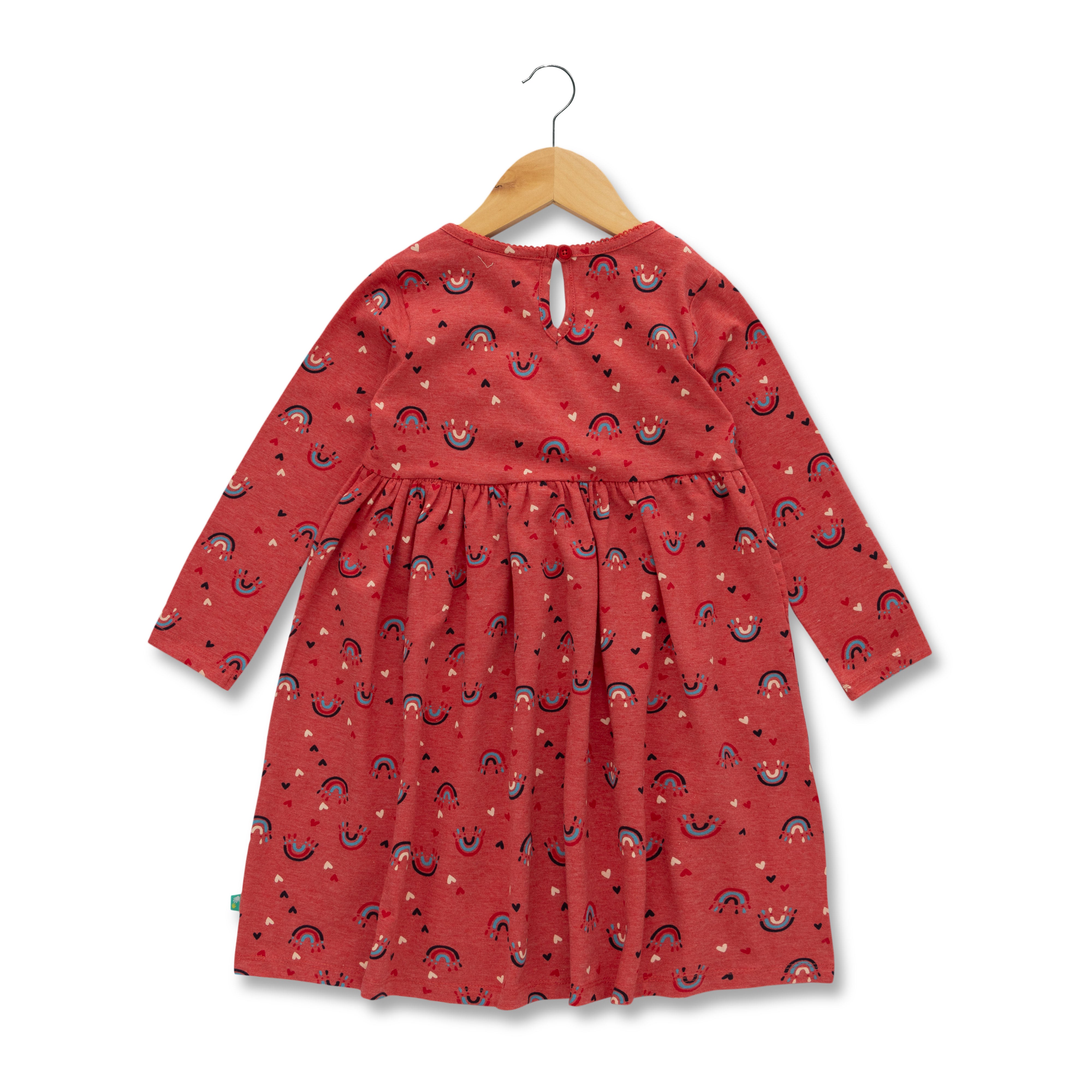 "Girls' Long Sleeve Red Dress with Rainbow and Heart Print"