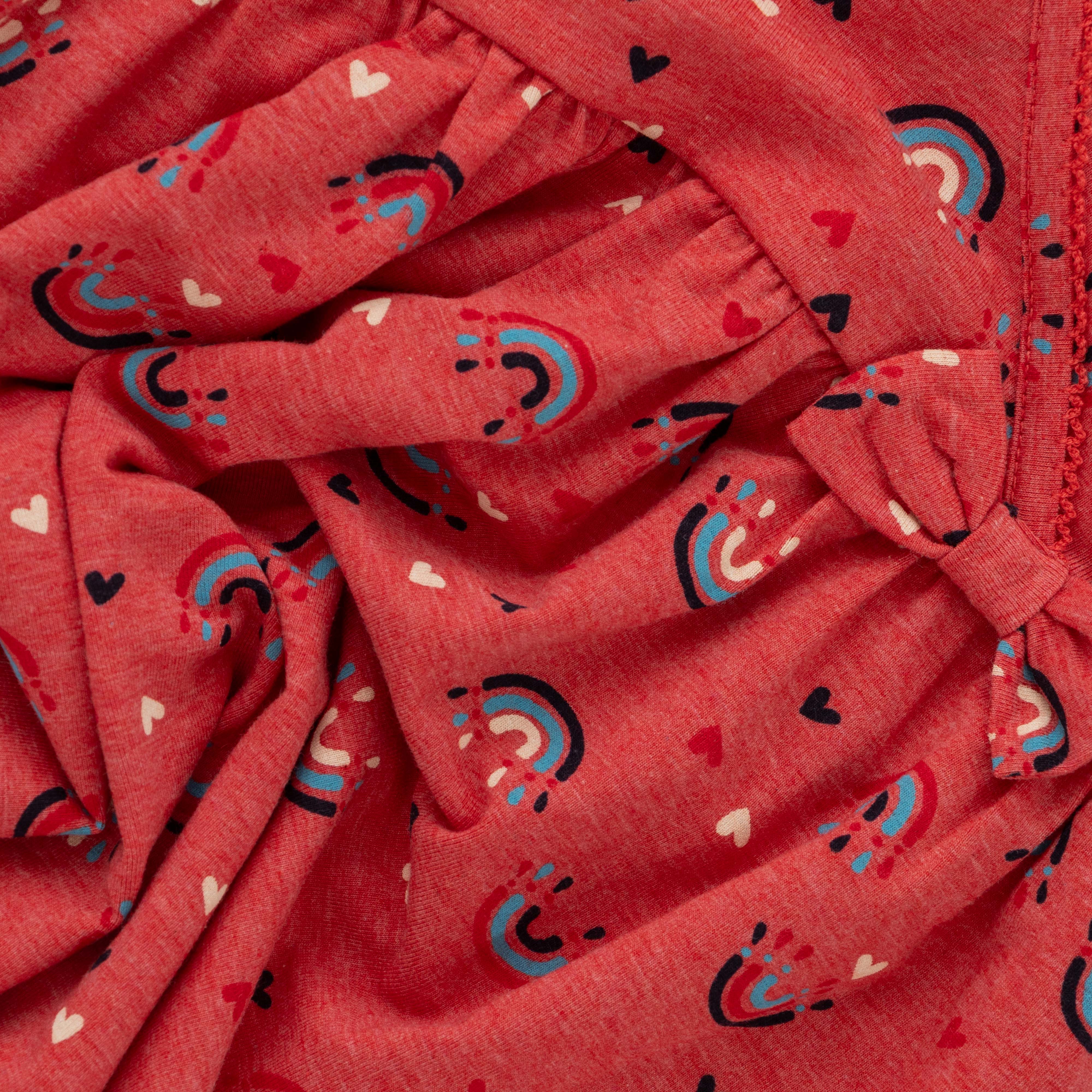 "Girls' Long Sleeve Red Dress with Rainbow and Heart Print"