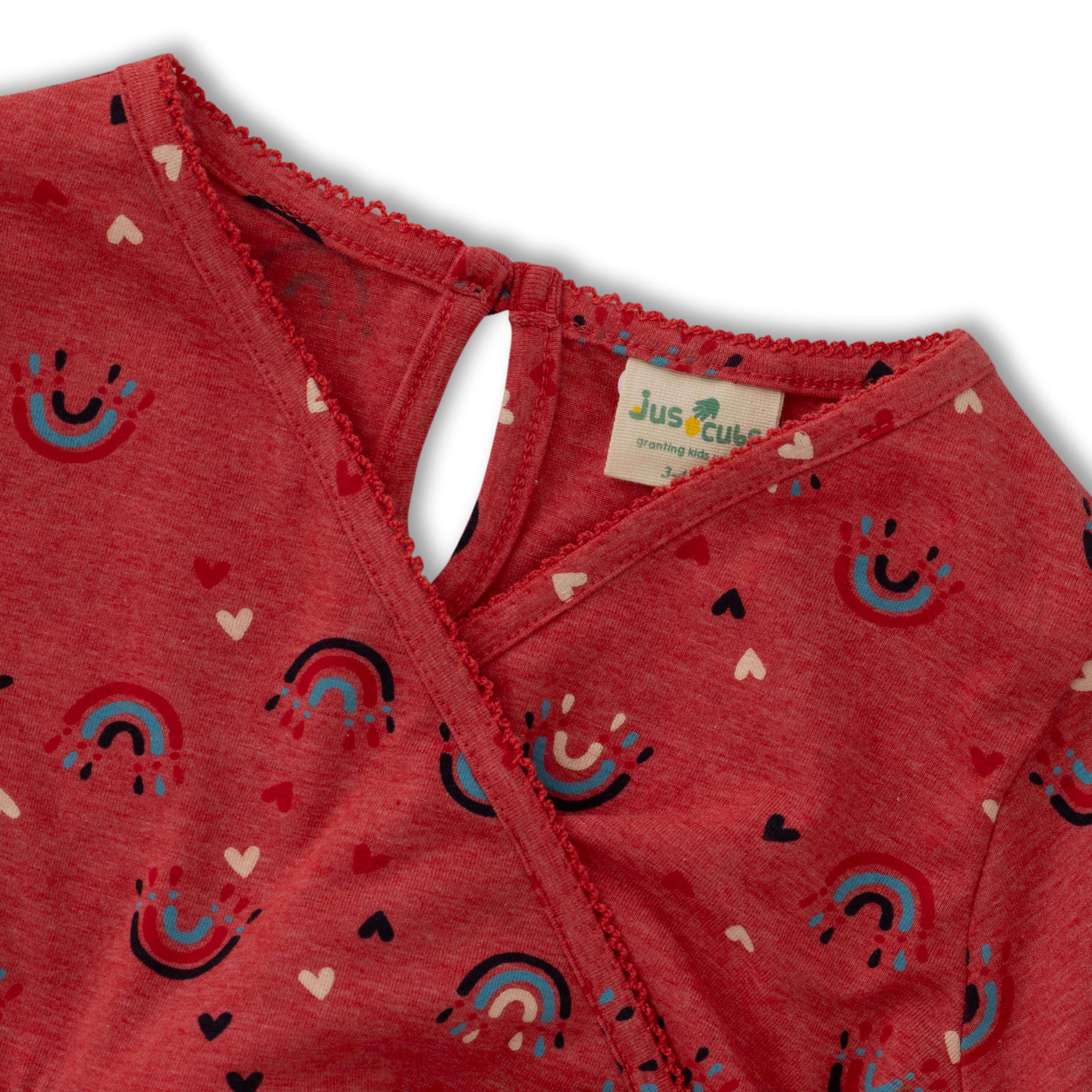 "Girls' Long Sleeve Red Dress with Rainbow and Heart Print"