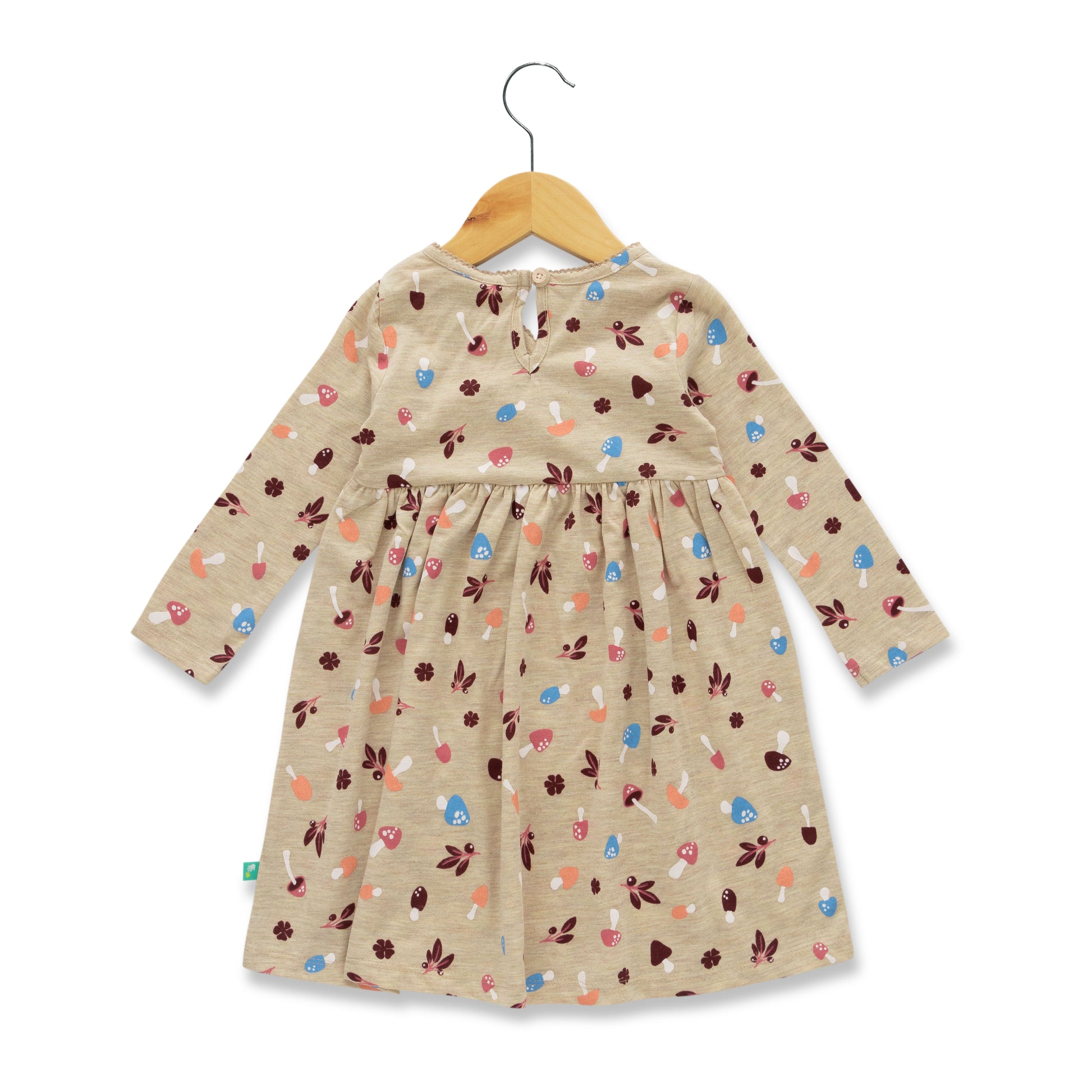 Baby Girls' Beige Wrap-Style Dress with Colorful Mushroom & Leaf Print