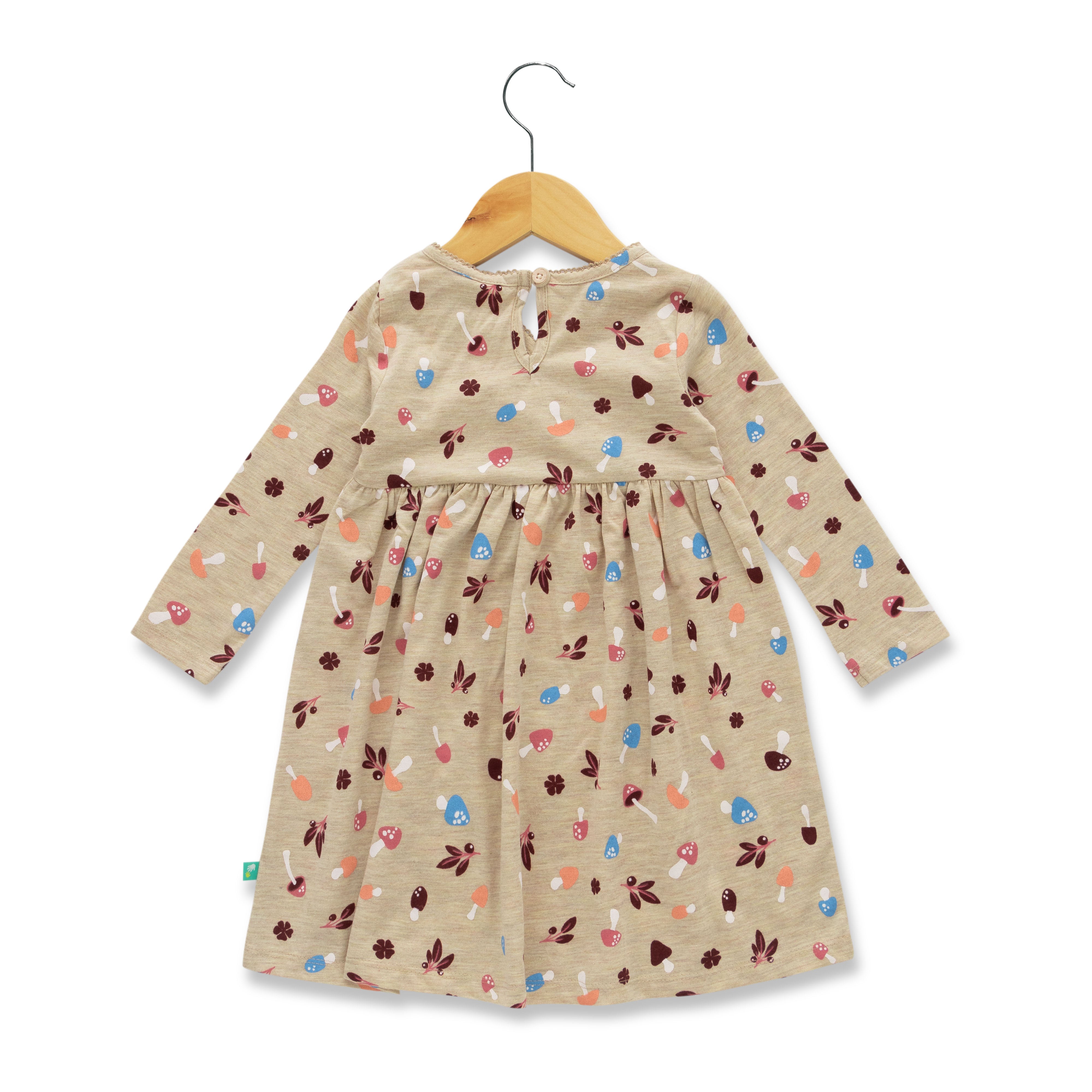 Girls' Beige Wrap-Style Dress with Colorful Mushroom & Leaf Print