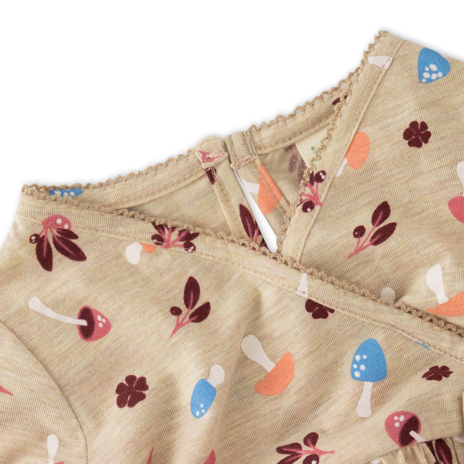 Baby Girls' Beige Wrap-Style Dress with Colorful Mushroom & Leaf Print