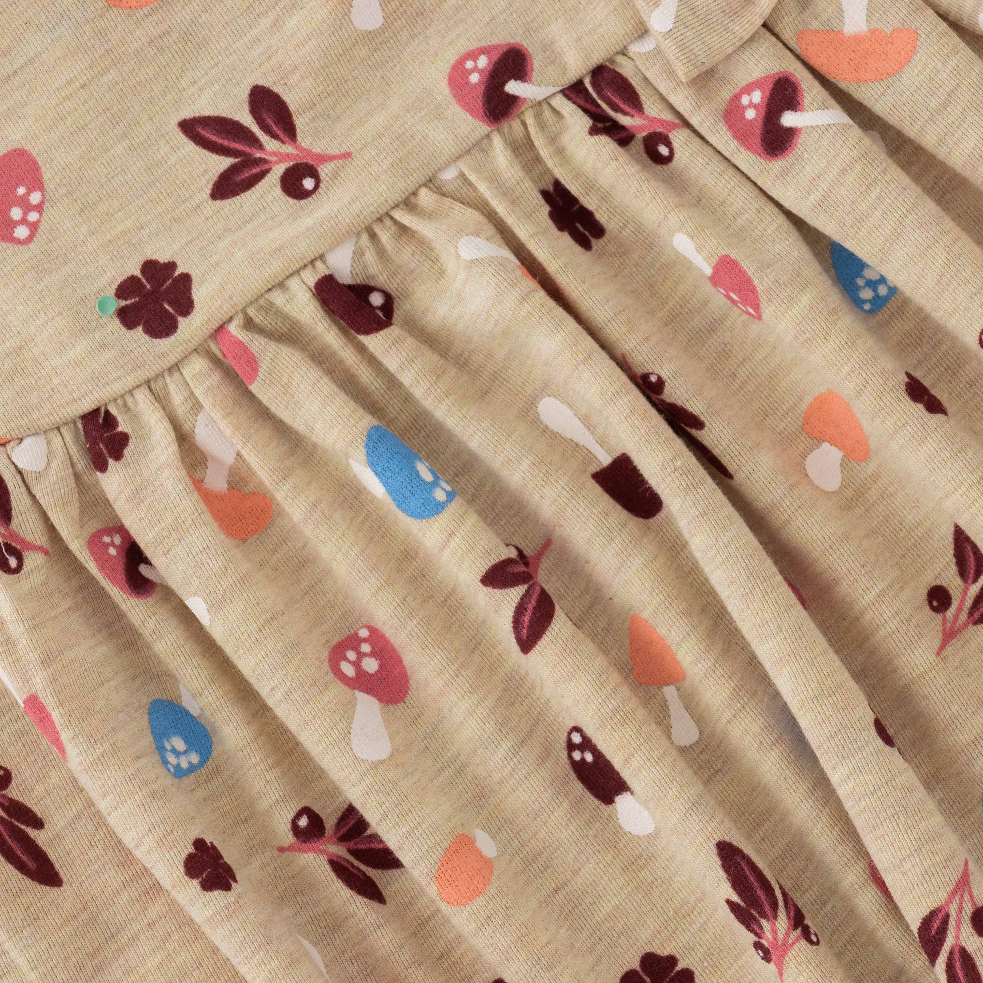 Girls' Beige Wrap-Style Dress with Colorful Mushroom & Leaf Print