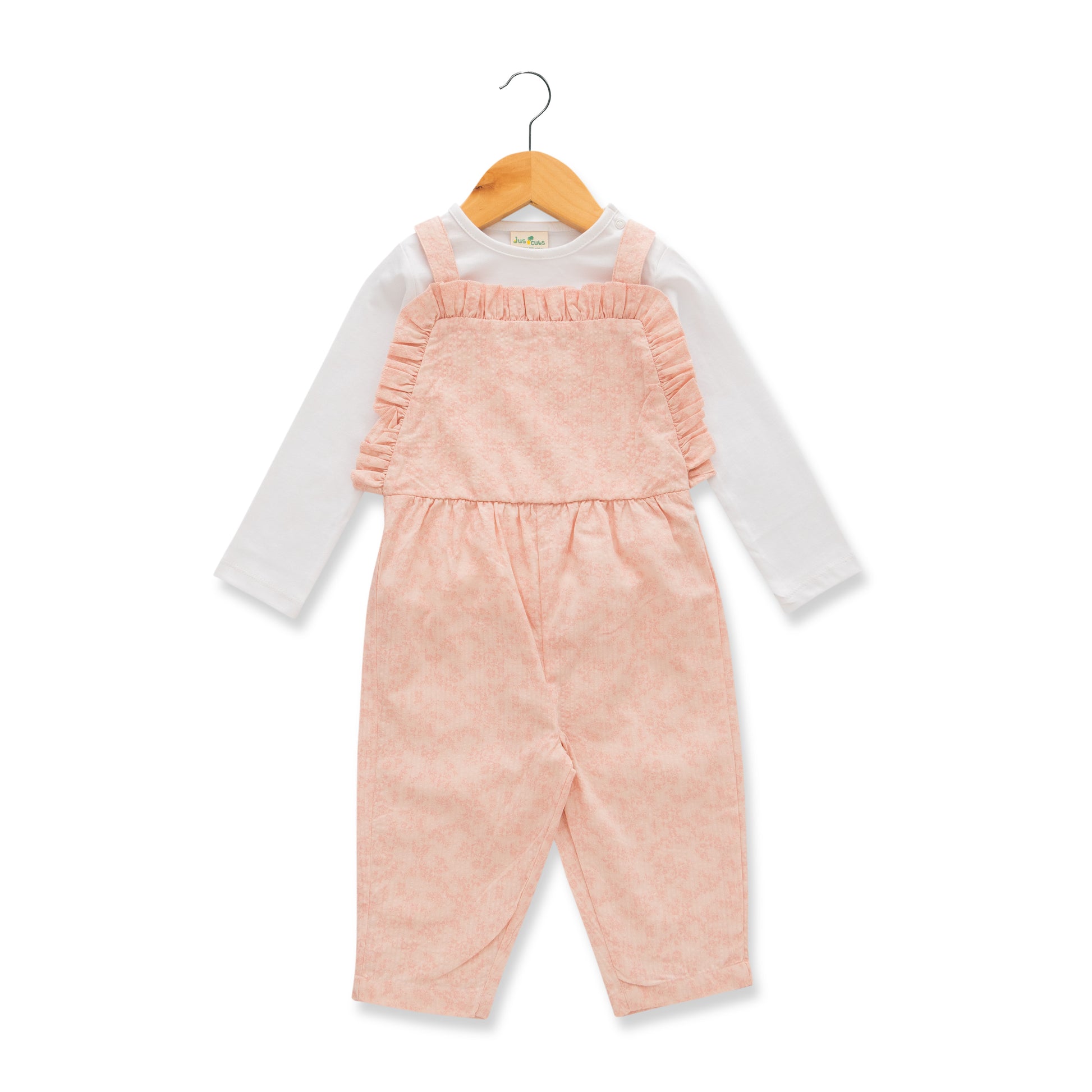 Girls' Pink Ruffle Strap Dungaree with White Long Sleeve Top – 2-Piece Set