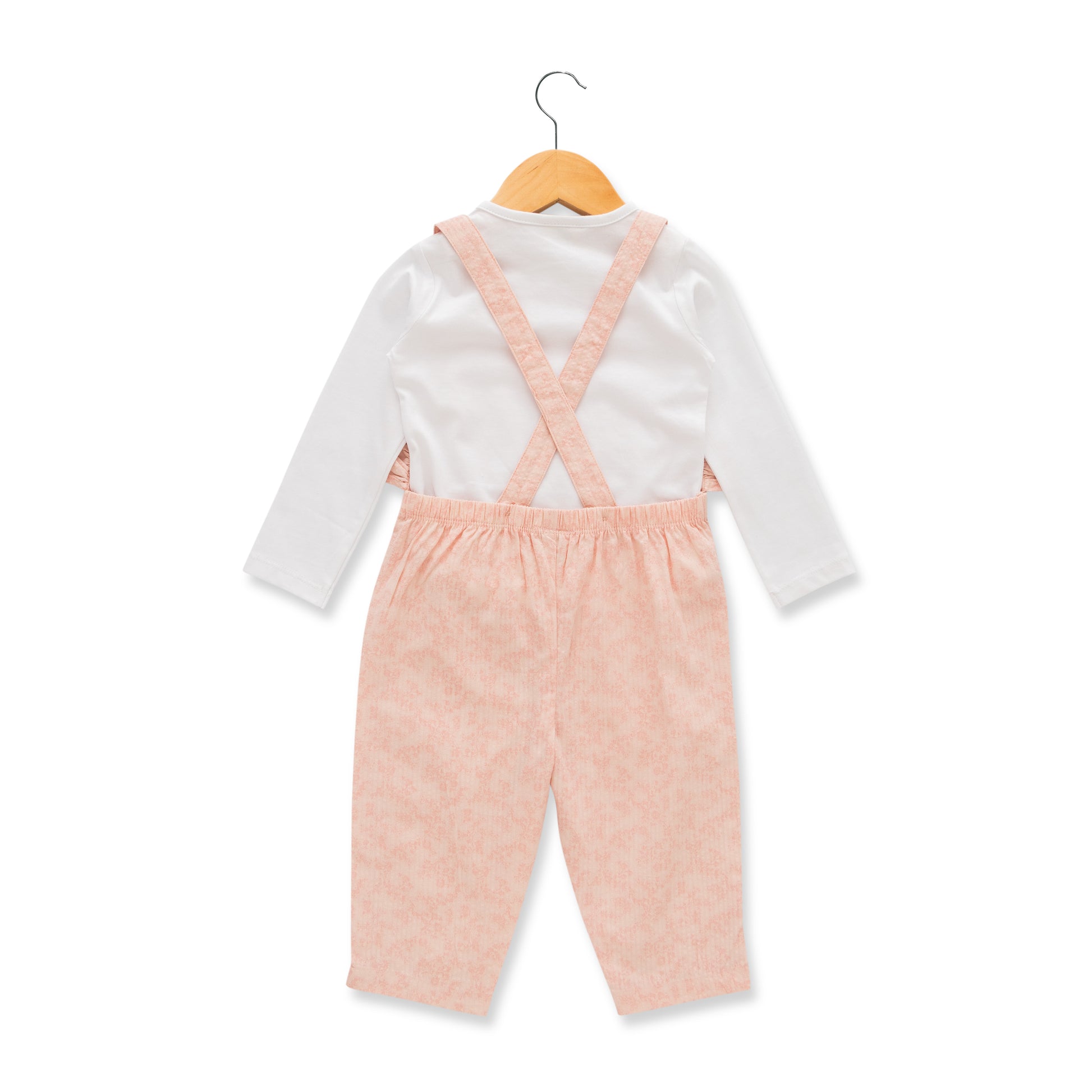 Girls' Pink Ruffle Strap Dungaree with White Long Sleeve Top – 2-Piece Set