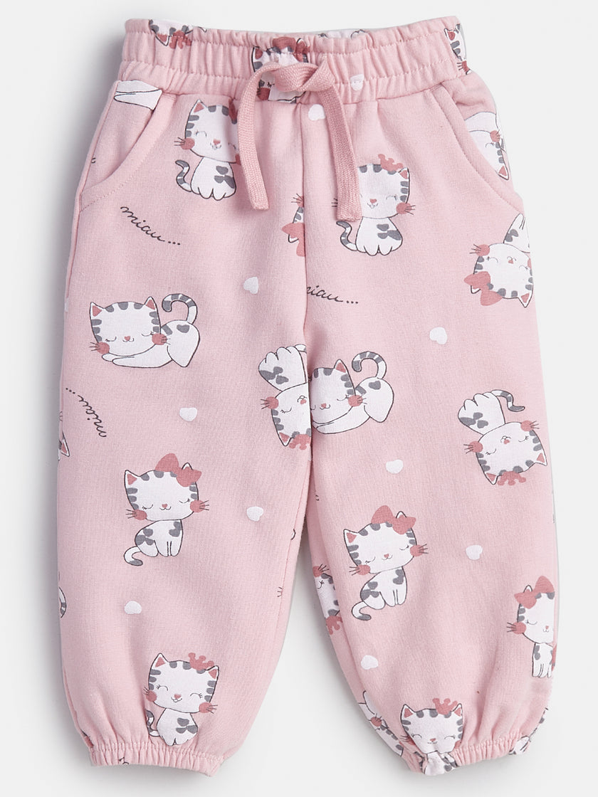 "Girls' Pink Joggers with Cute Cat Print and Elastic Cuffs"