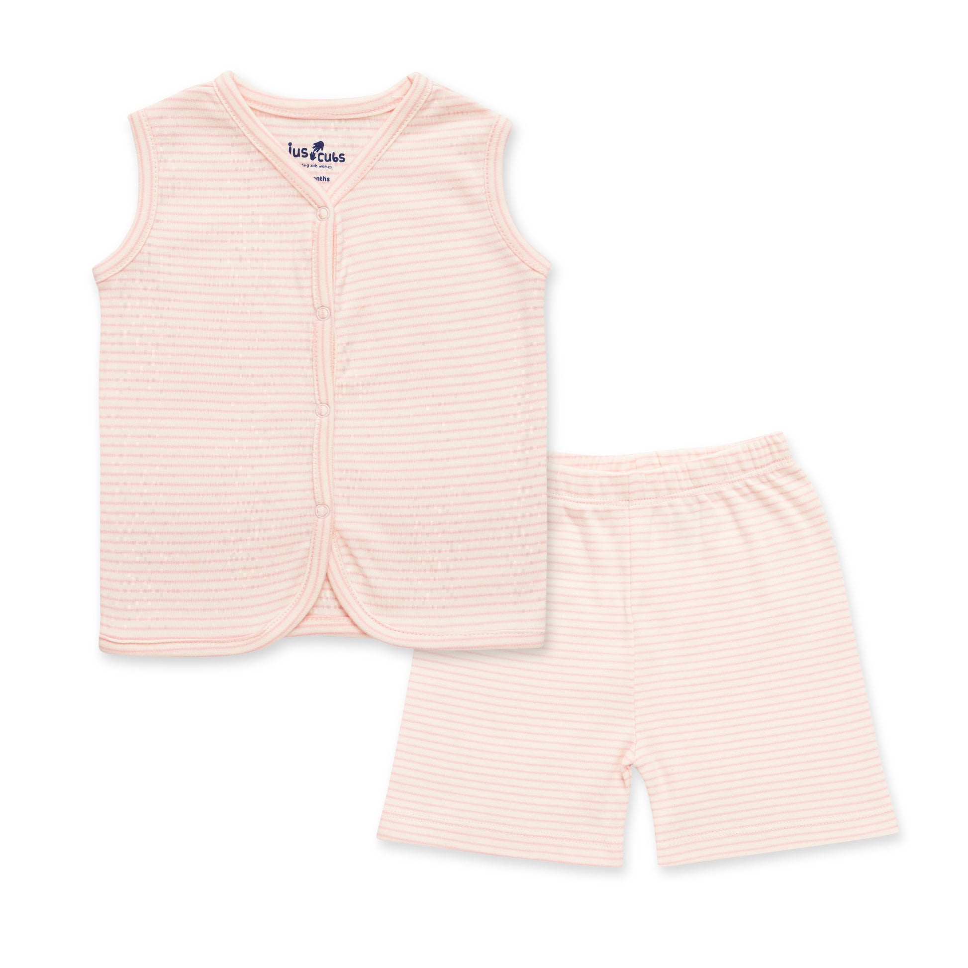 "Baby Sleeveless Cotton Vest & Shorts Set – Pastel Pink Striped"