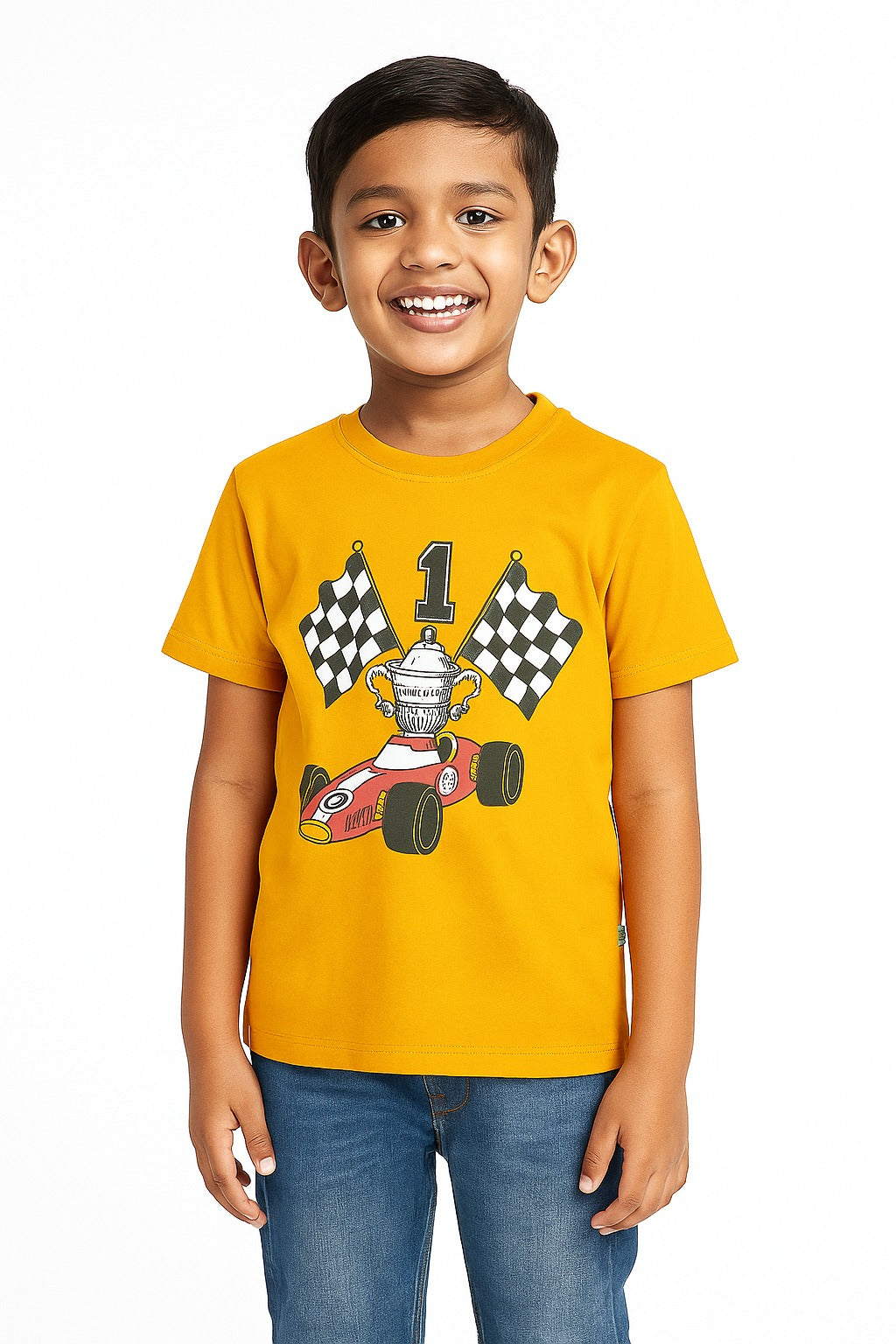 "Boys Yellow Racing Champion T-Shirt - Trophy & Checkered Flag Design"