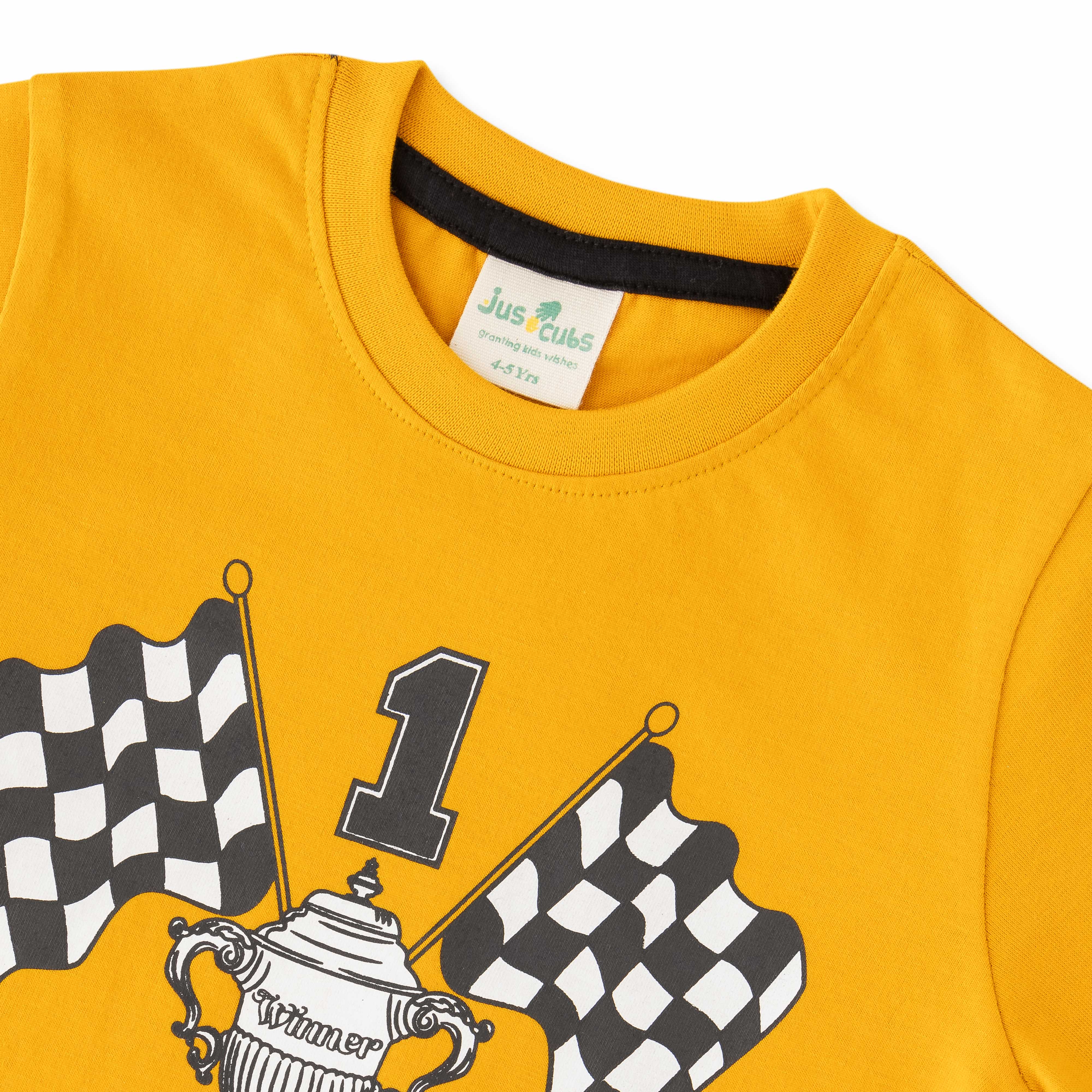 "Boys Yellow Racing Champion T-Shirt - Trophy & Checkered Flag Design"