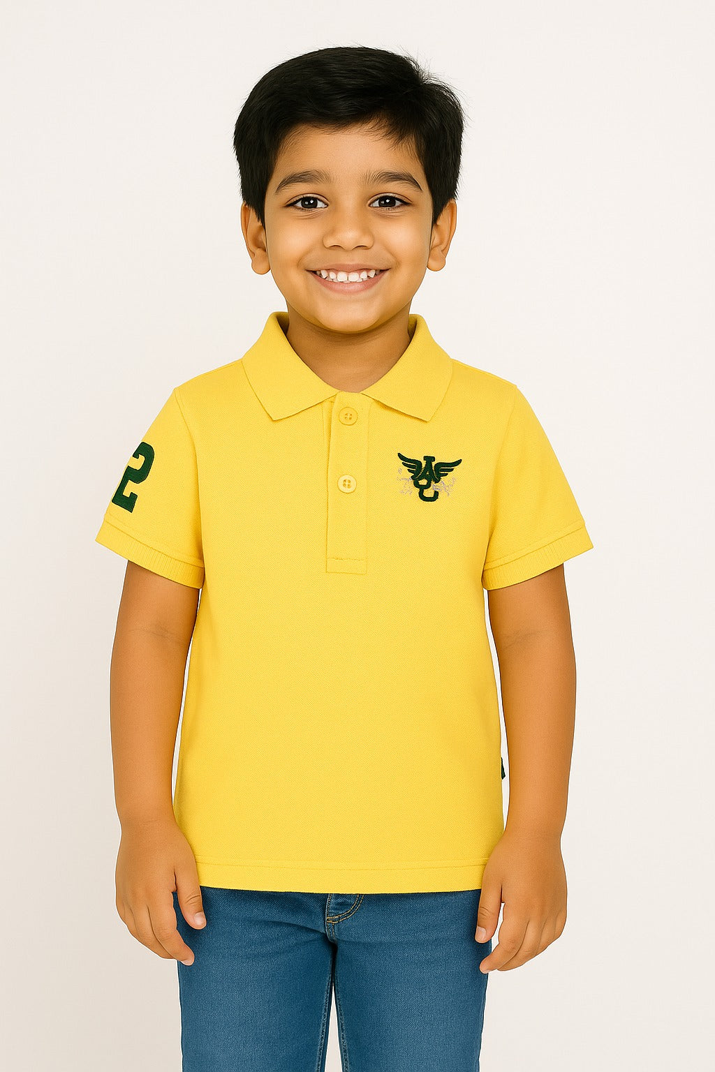 Boys' Yellow Polo T-Shirt with Embroidered Logo & Sleeve Number Detail