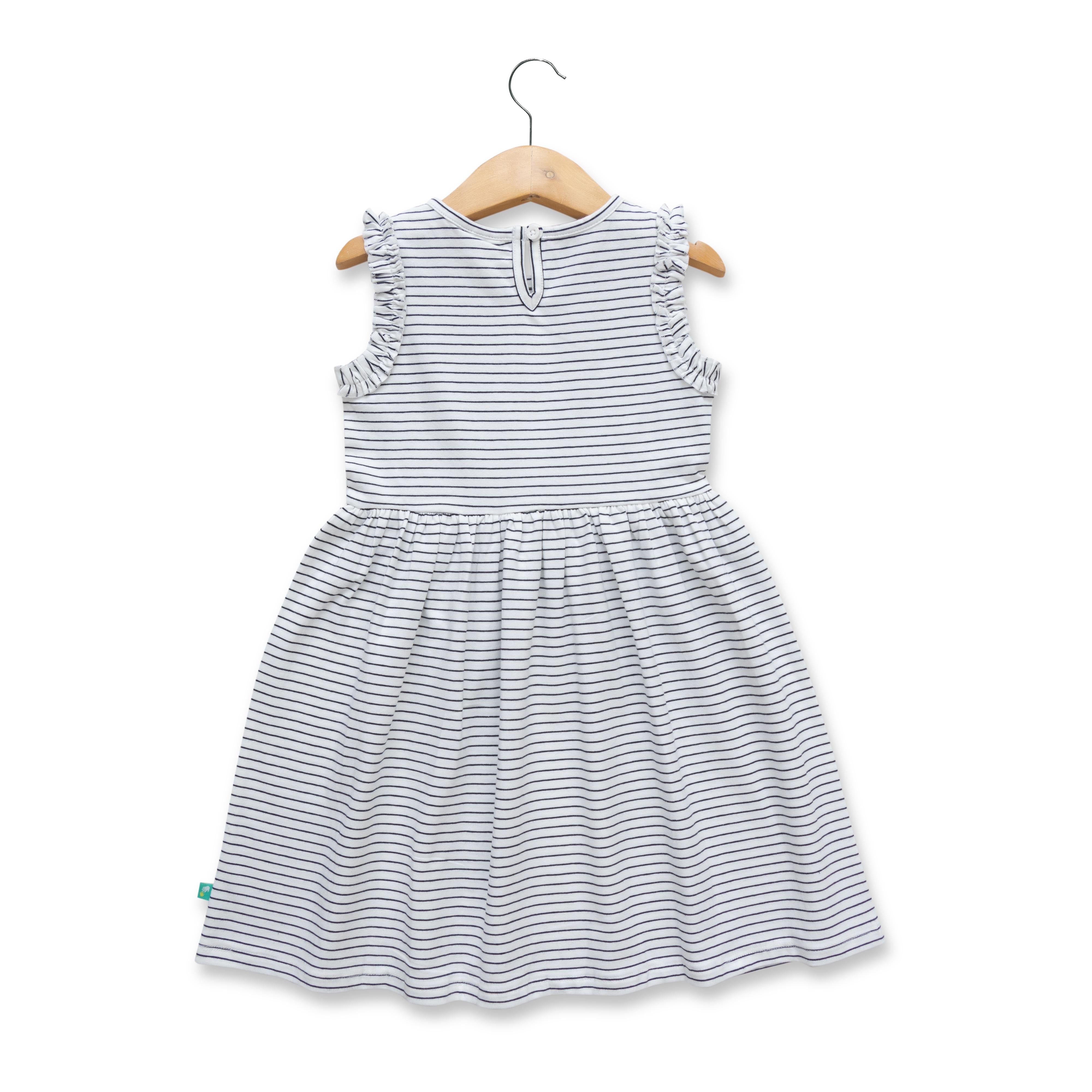 Girls' Striped Sleeveless Dress with Heart Appliqué and Ruffle Detail
