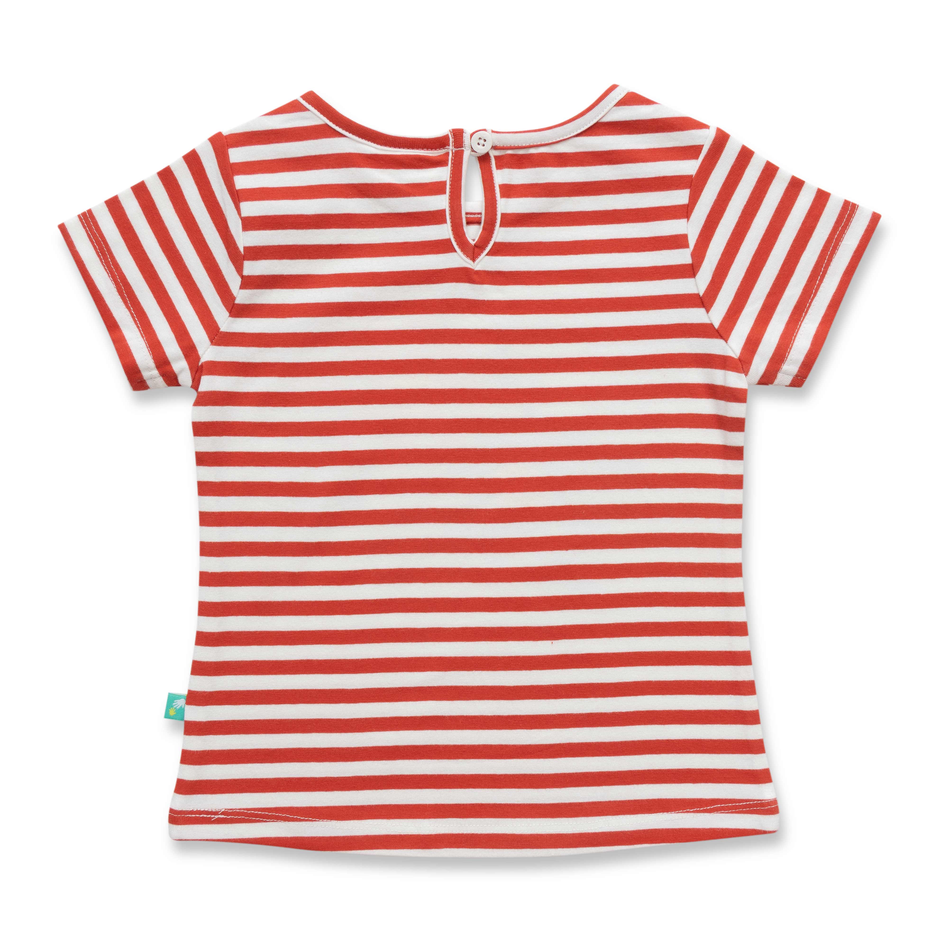 "Girls' Red & White Striped T-Shirt with Floral Print & Keyhole Back"