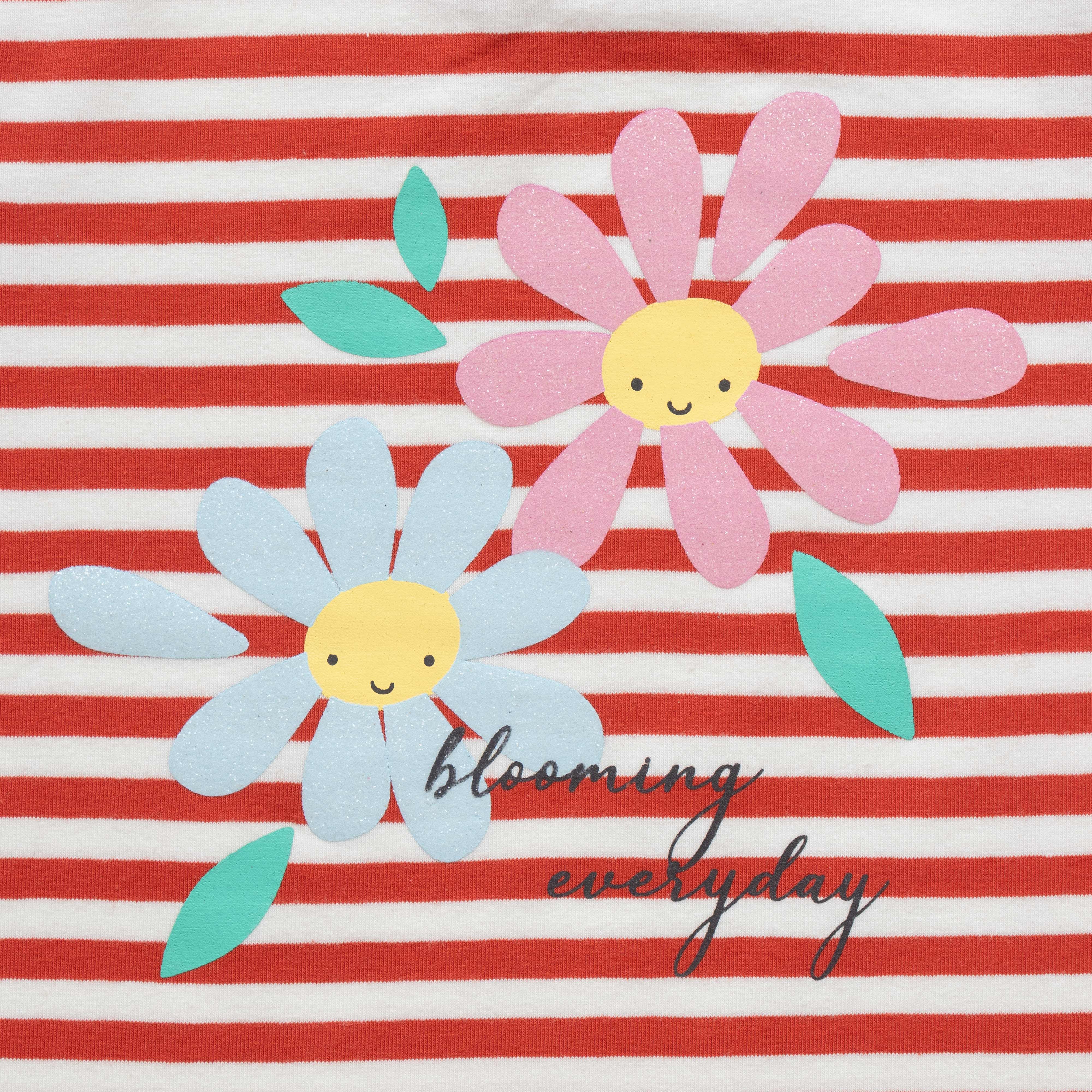 "Girls' Red & White Striped T-Shirt with Floral Print & Keyhole Back"