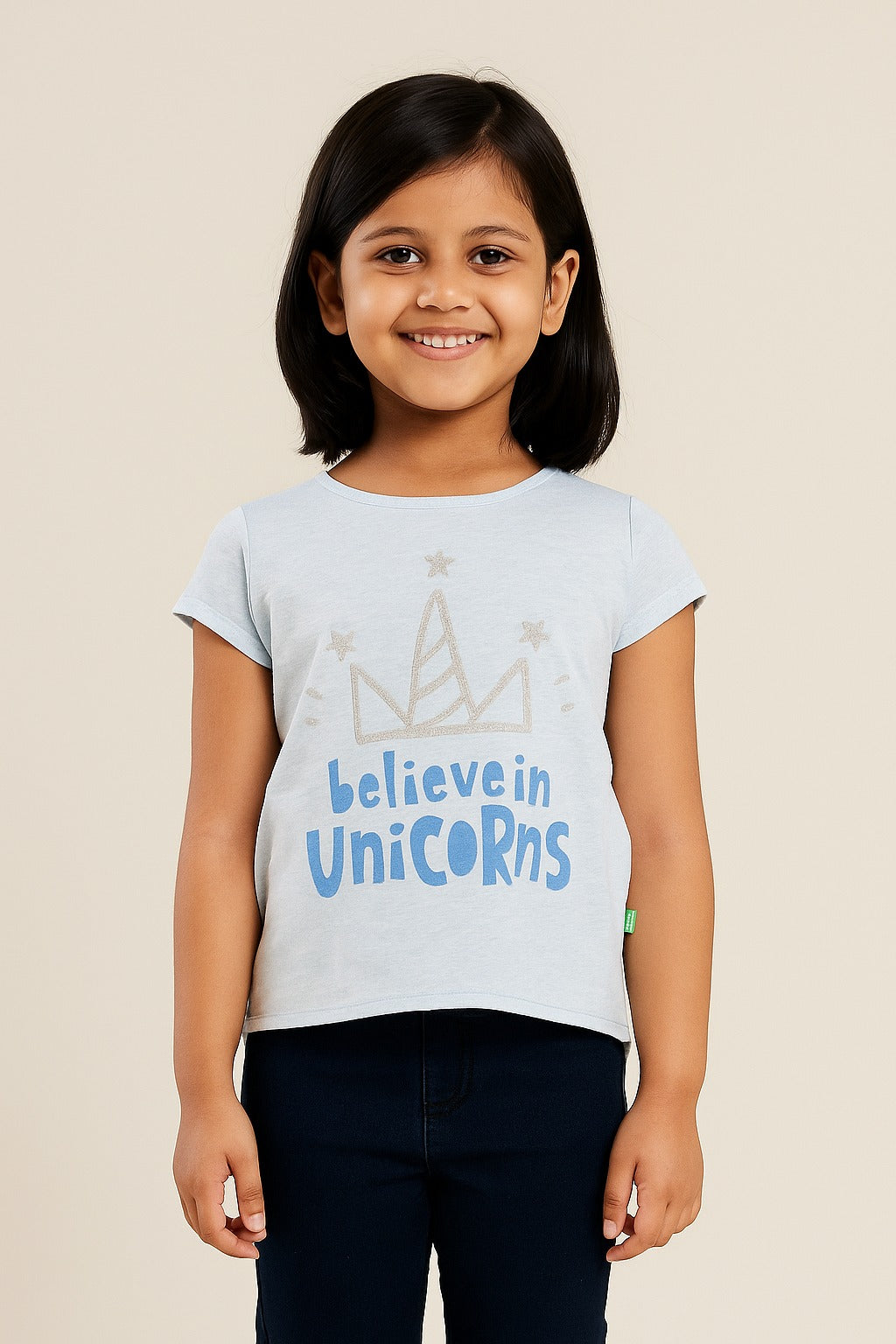 "Girls Light Blue Unicorn T-Shirt - 'Believe in Unicorns' Glitter Graphic"