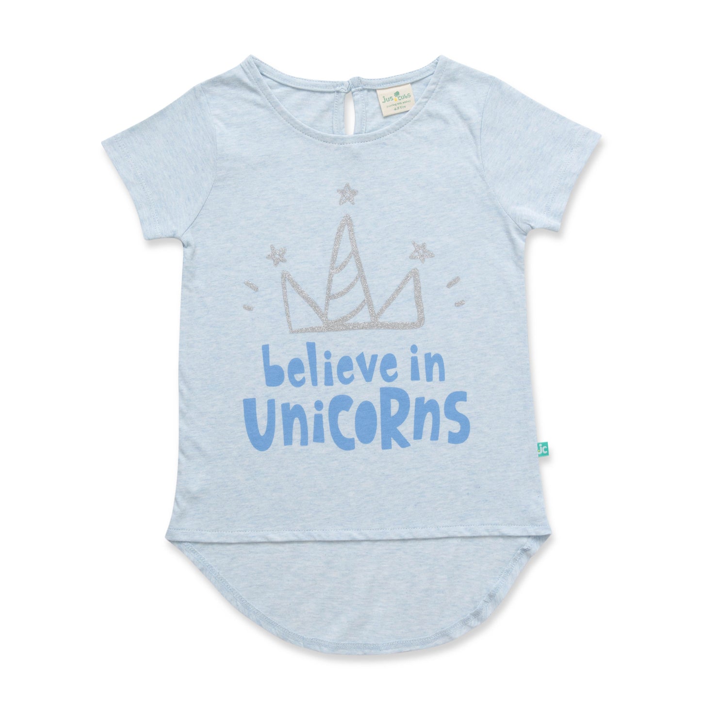 "Girls Light Blue Unicorn T-Shirt - 'Believe in Unicorns' Glitter Graphic"