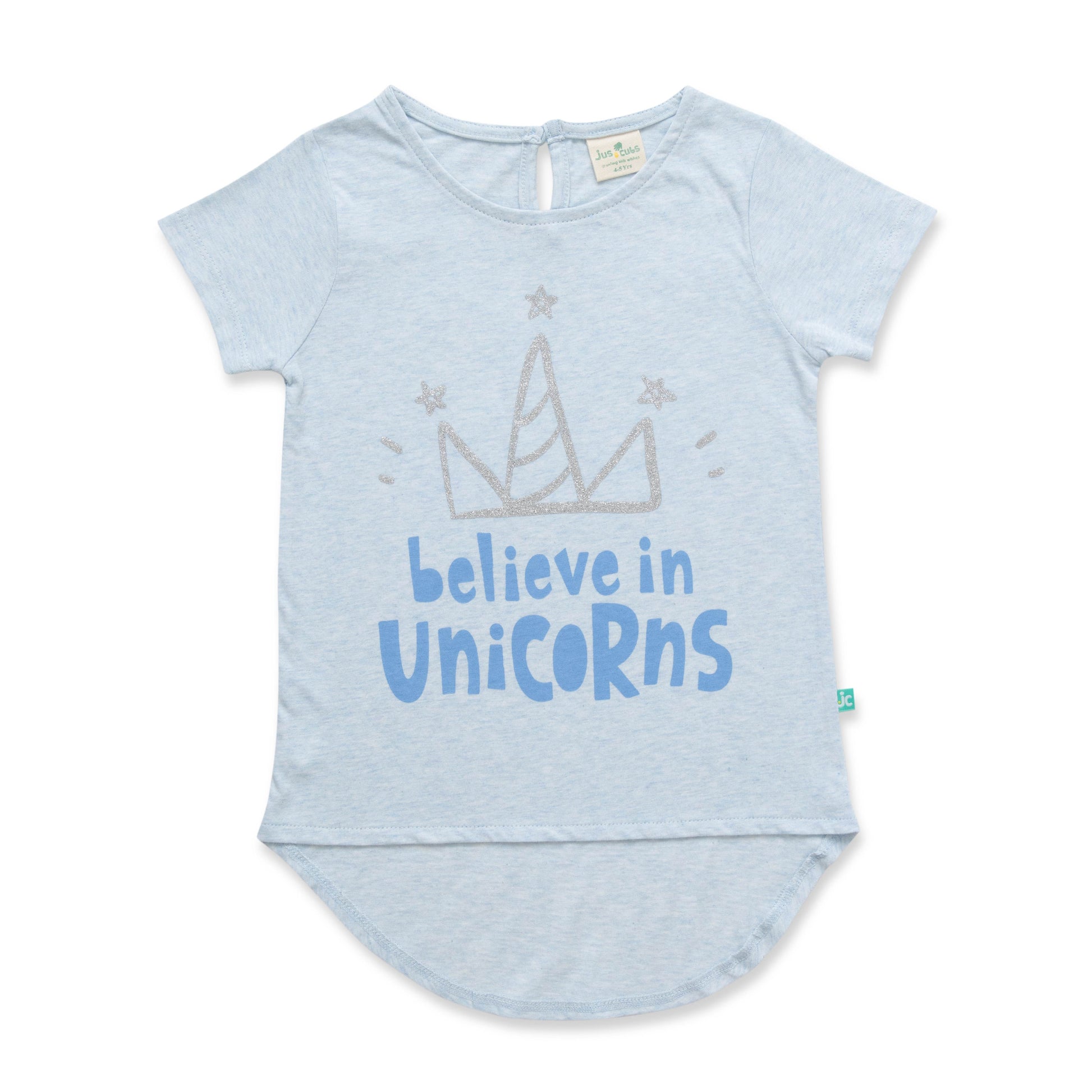 "Girls Light Blue Unicorn T-Shirt - 'Believe in Unicorns' Glitter Graphic"