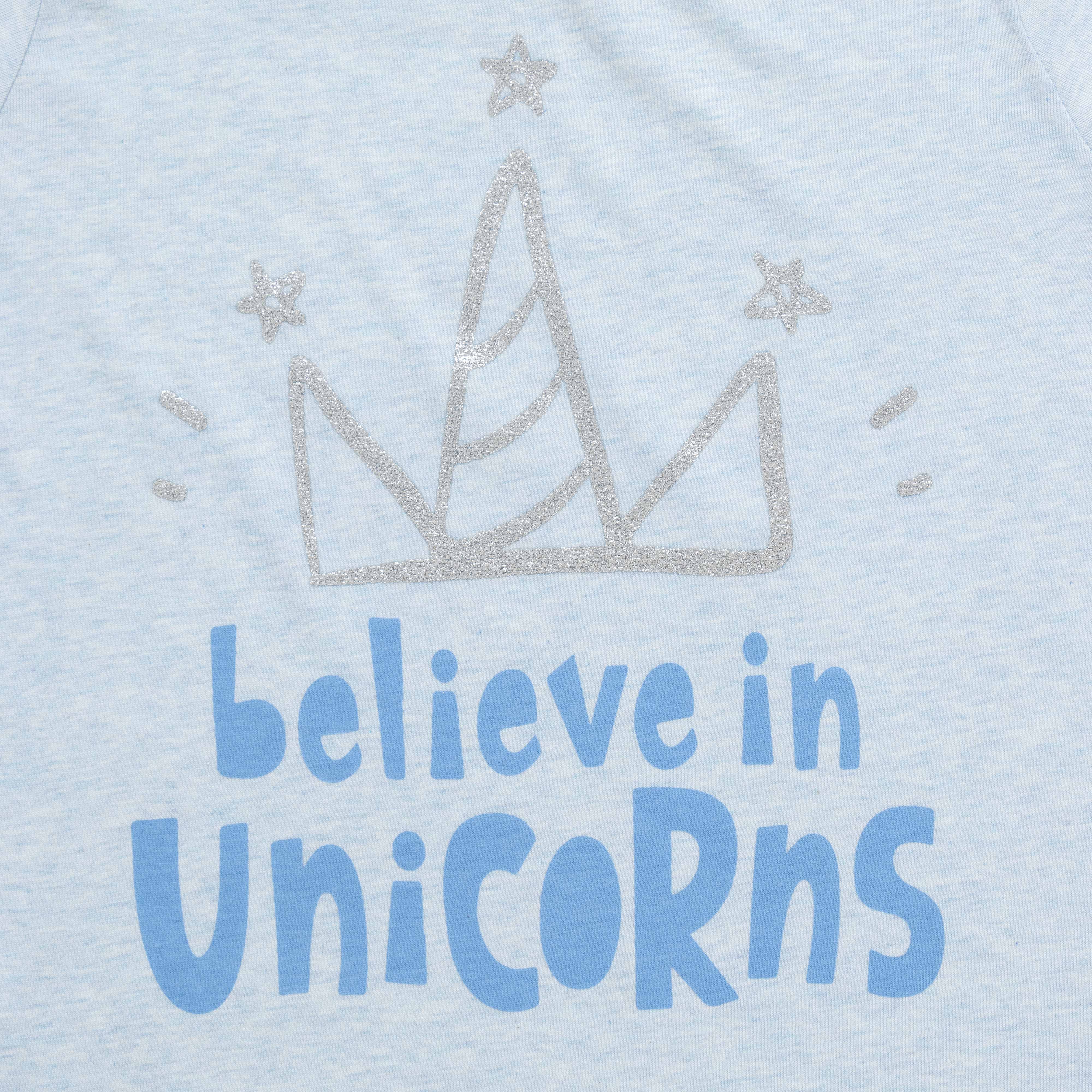 "Girls Light Blue Unicorn T-Shirt - 'Believe in Unicorns' Glitter Graphic"