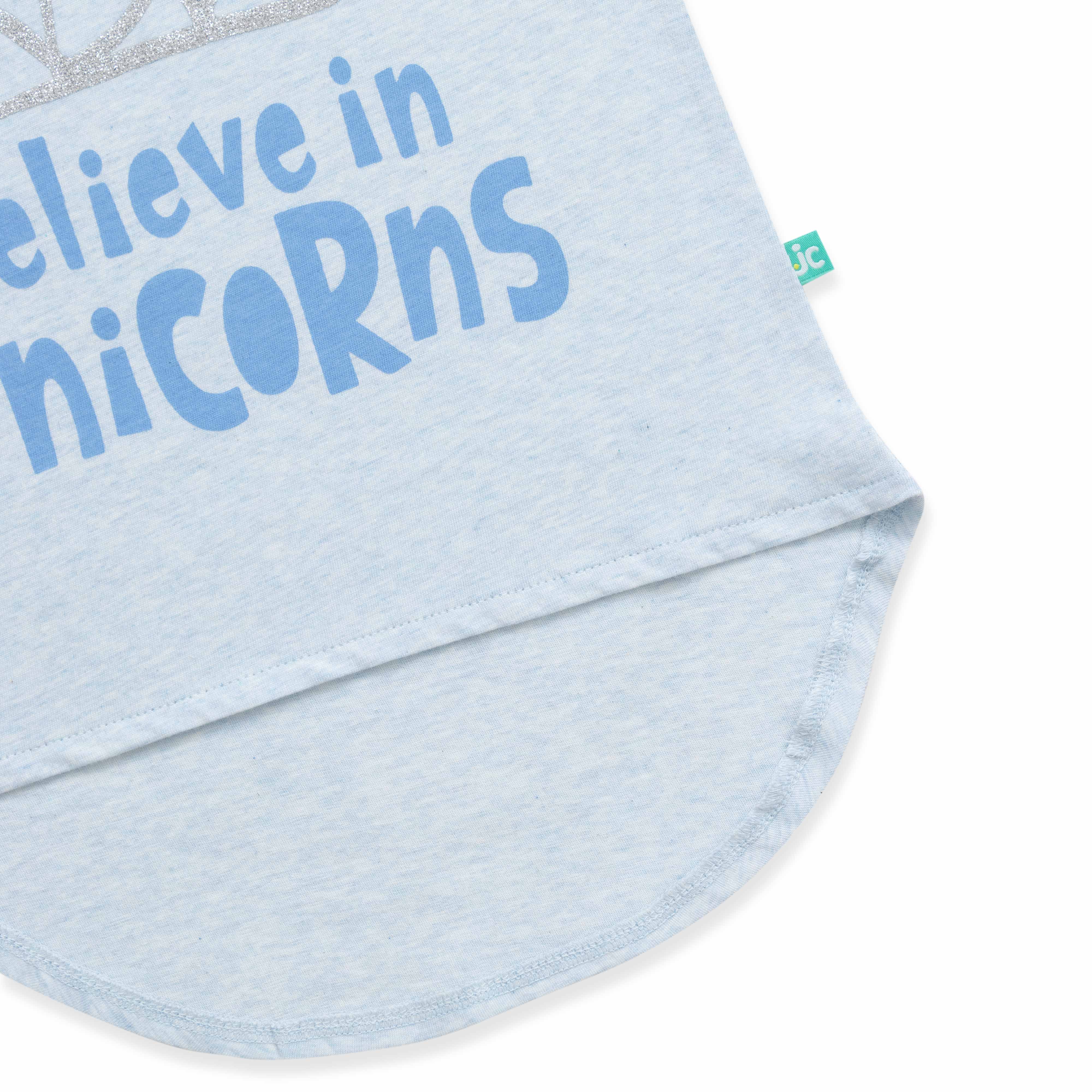 "Girls Light Blue Unicorn T-Shirt - 'Believe in Unicorns' Glitter Graphic"