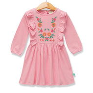 Girls' Pink Long-Sleeve Dress with Floral Embroidery and Ruffle Detail