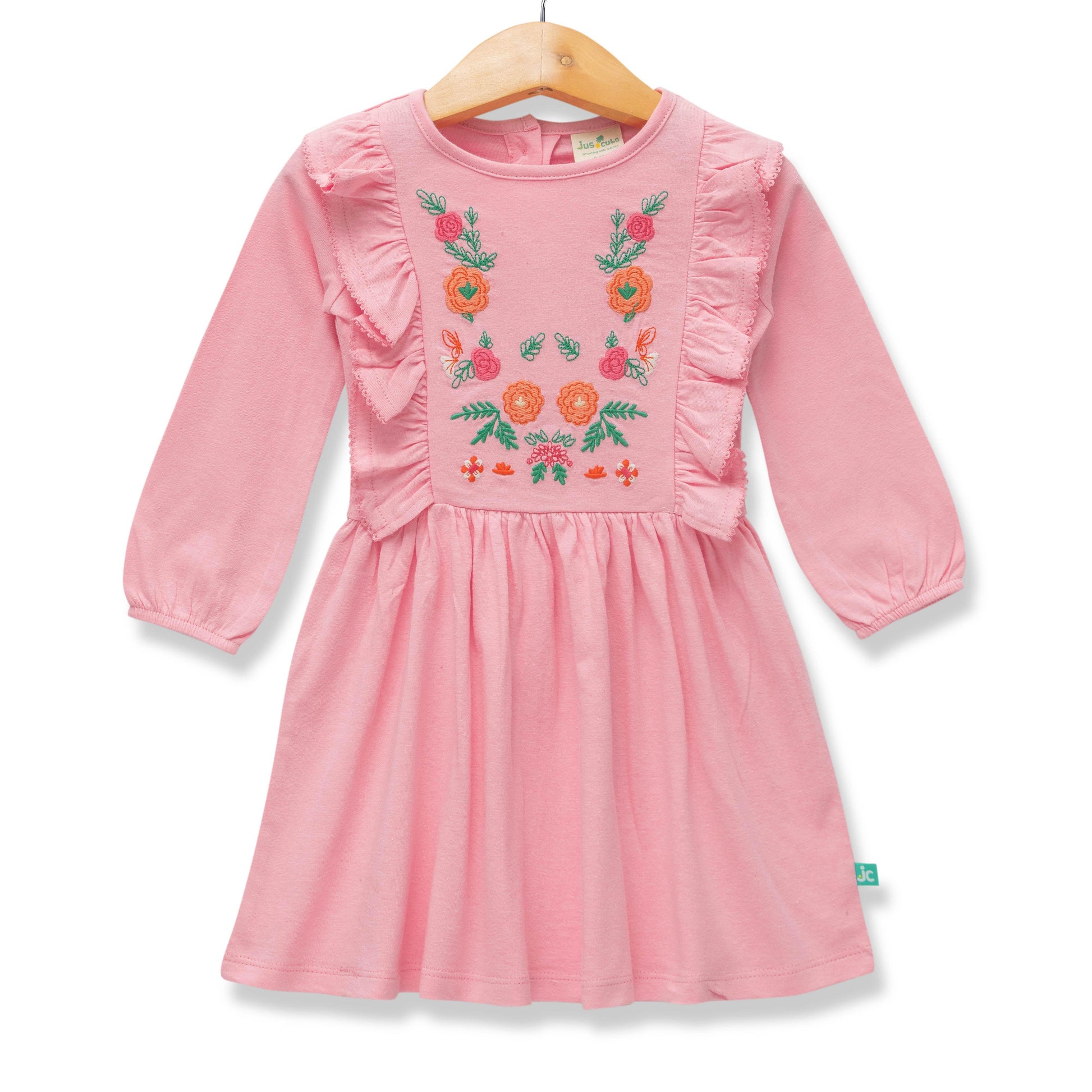 Girls' Pink Long-Sleeve Dress with Floral Embroidery and Ruffle Detail
