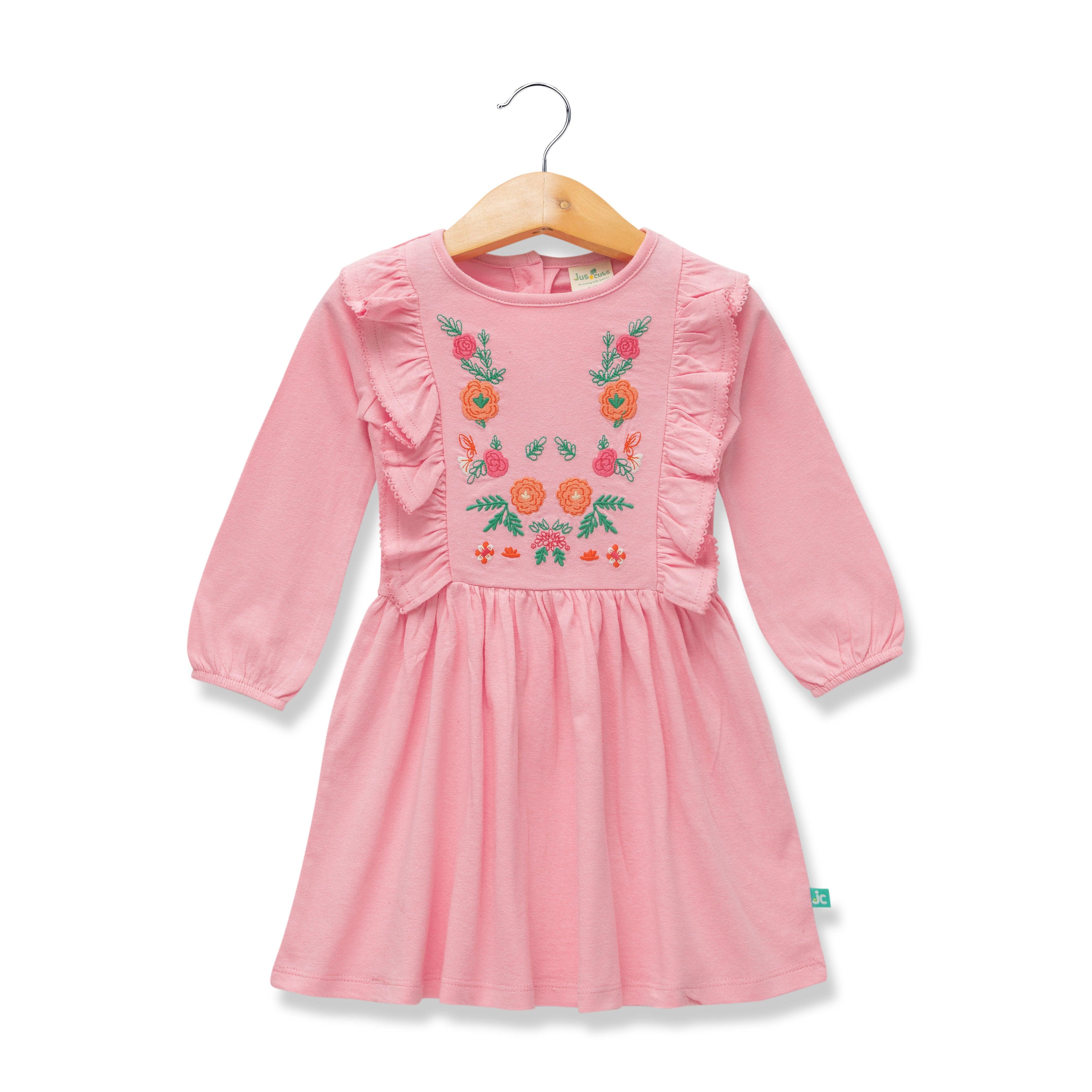 Baby Girls Flowers Embroidery Full Sleeve Fit & Flare Dress - Juscubs