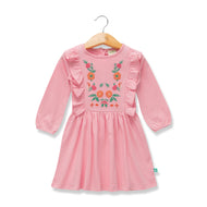 Girls' Pink Long-Sleeve Dress with Floral Embroidery and Ruffle Detail
