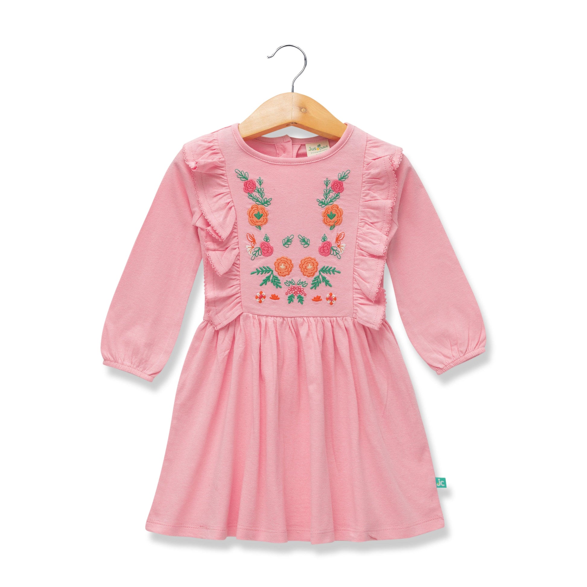 Girls' Pink Long-Sleeve Dress with Floral Embroidery and Ruffle Detail