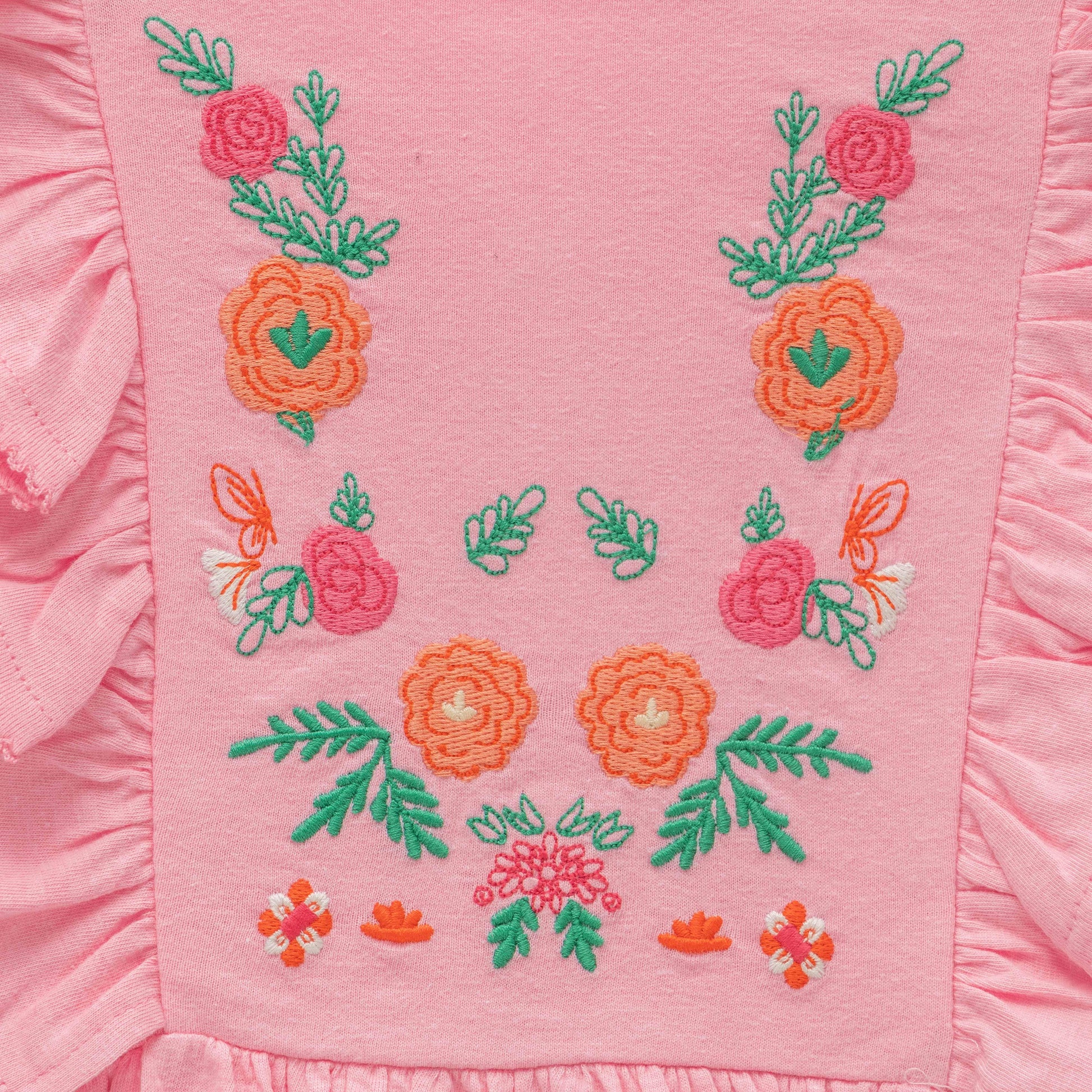 Girls' Pink Long-Sleeve Dress with Floral Embroidery and Ruffle Detail