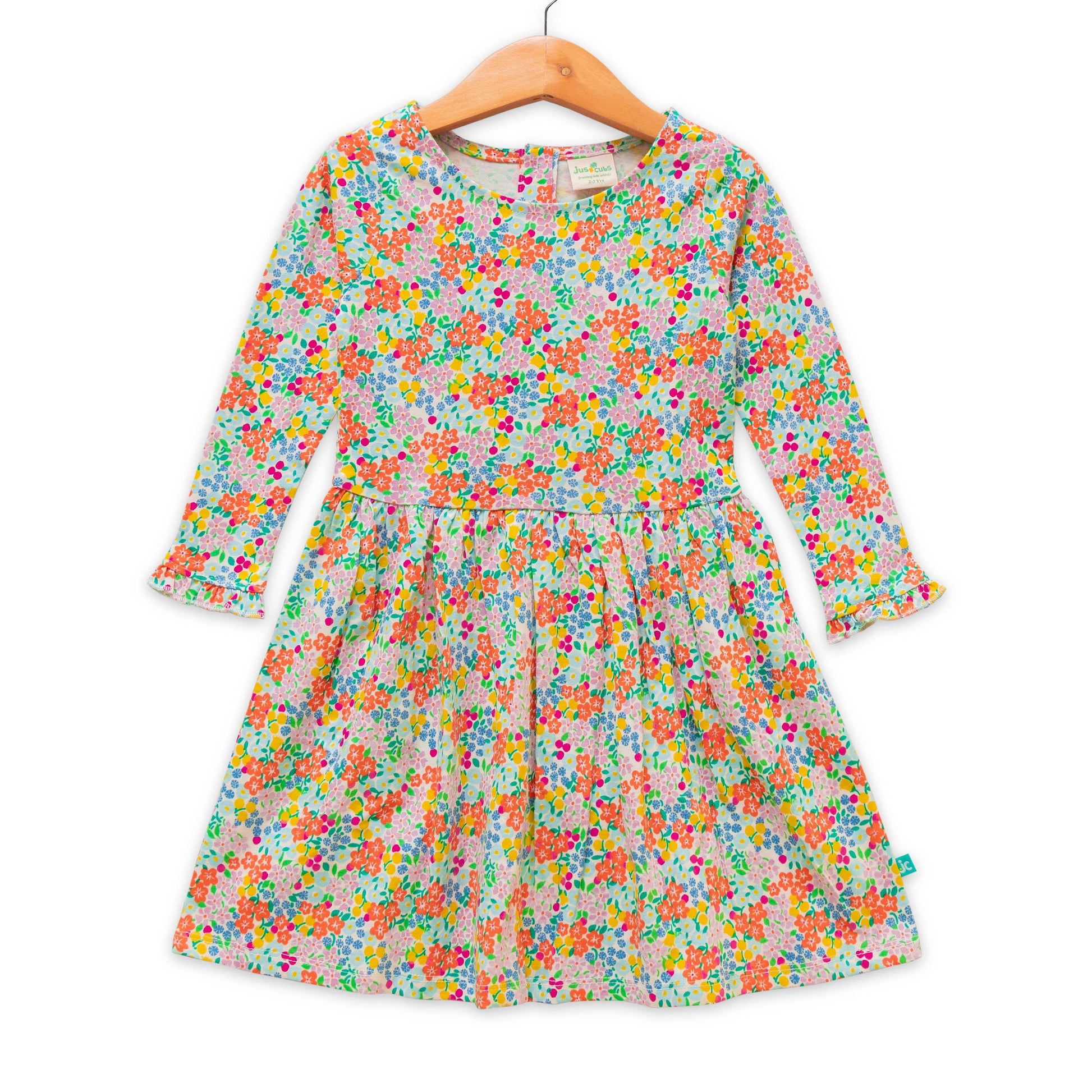 "Girls' Long Sleeve Floral Print Dress – Colorful Spring Cotton Frock"