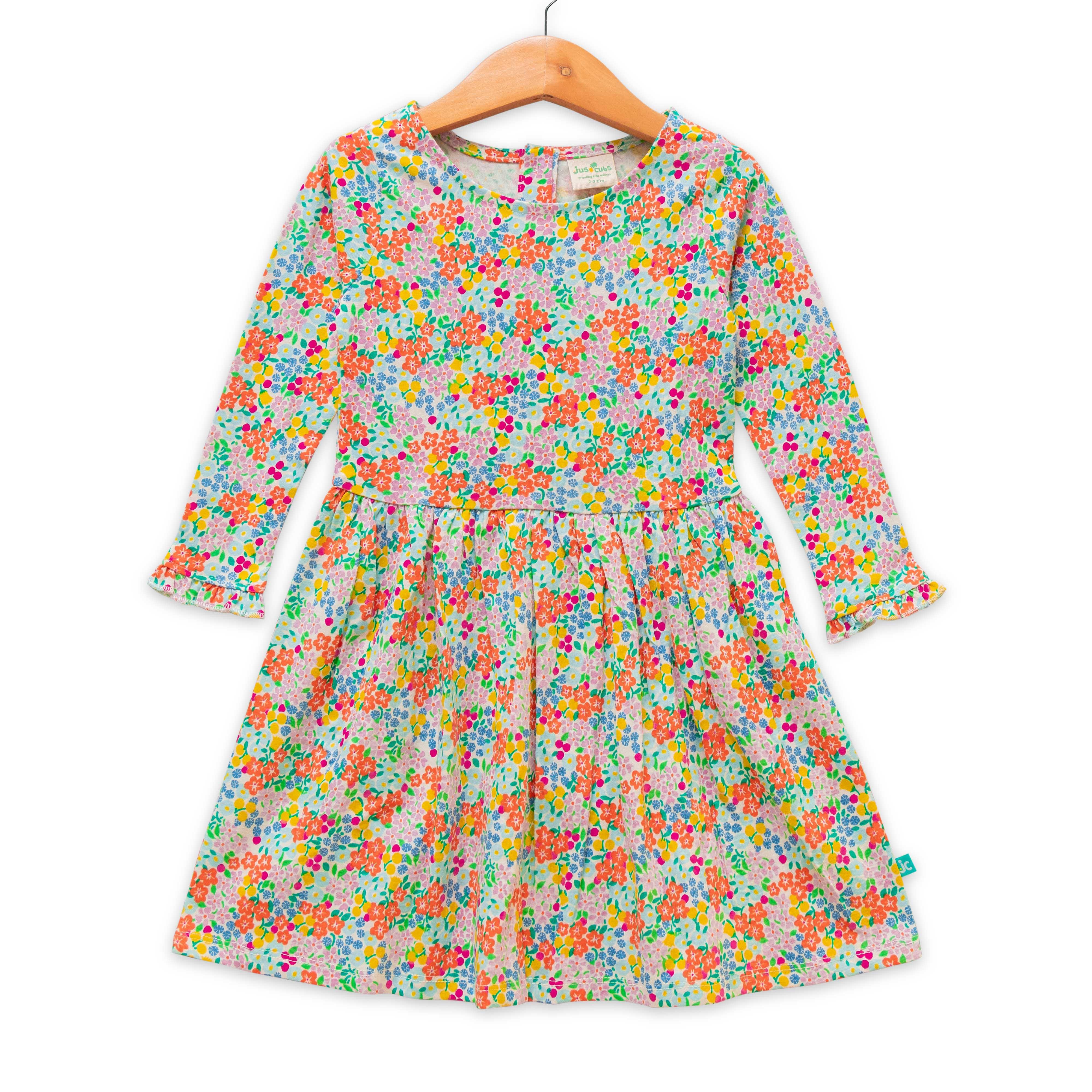 Girls Floral Print Puff Sleeve A-Line Dress - Juscubs