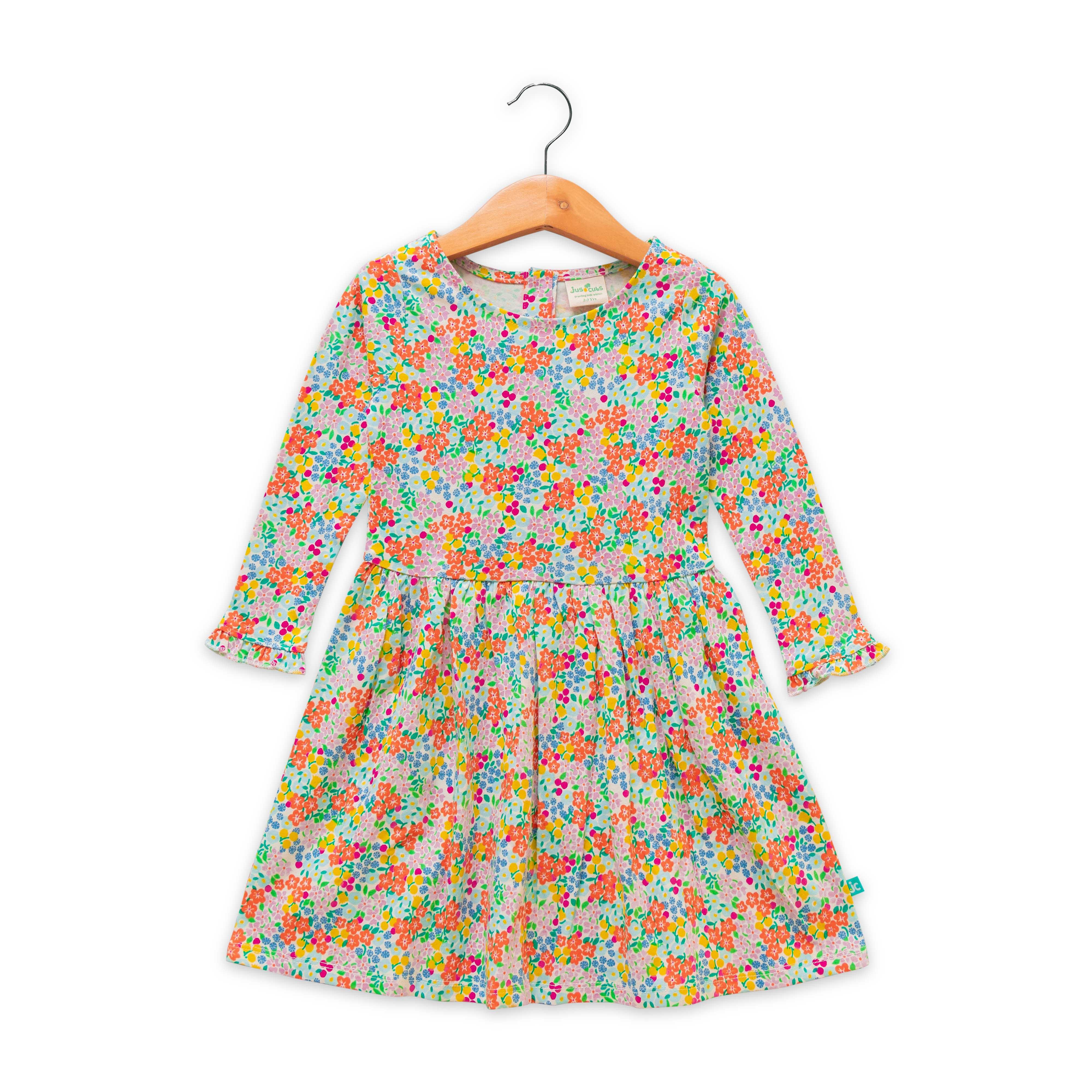 Girls Floral Print Puff Sleeve A-Line Dress - Juscubs