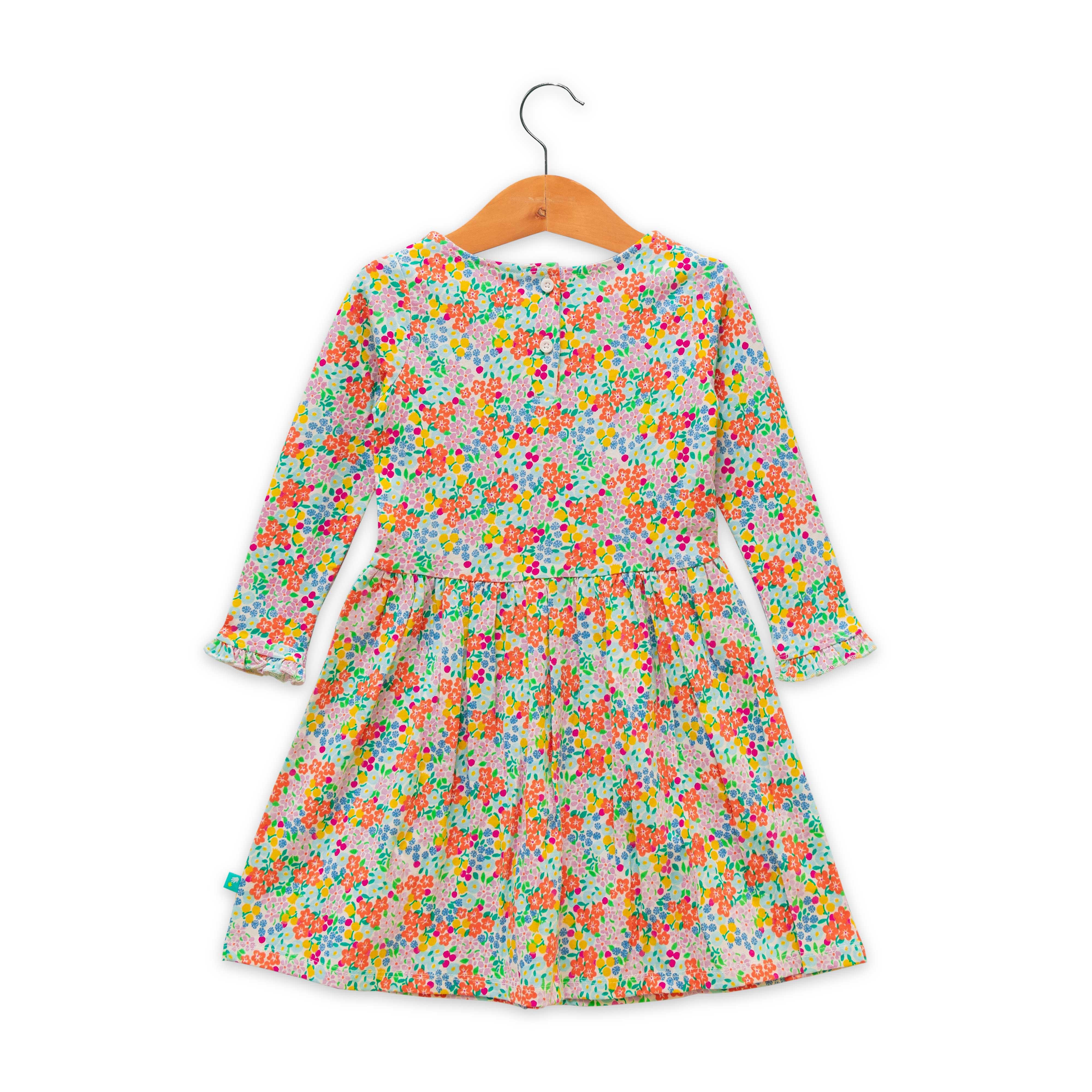 Girls Floral Print Puff Sleeve A-Line Dress - Juscubs